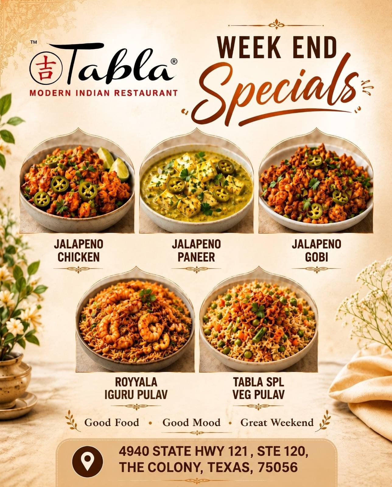 Weekend Specials featuring Jalapeno Chicken, Jalapeno Paneer, Jalapeno Gobi, Royyala Iguru Pulav, and Tabla Spl Veg Pulav