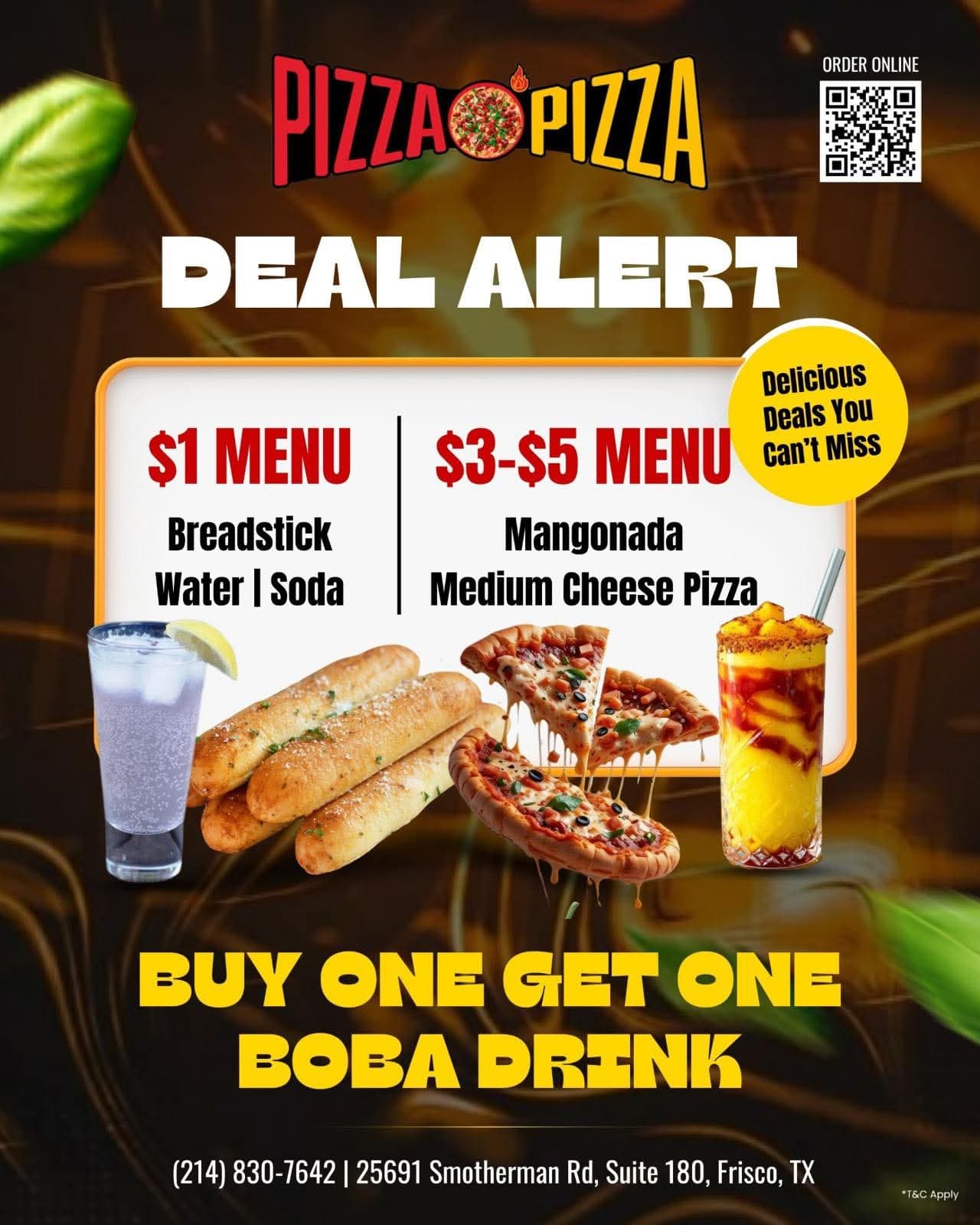 PizzaOPizza, Meat Magic pizza, Boba, Burgers, Wings, Rice Bowls