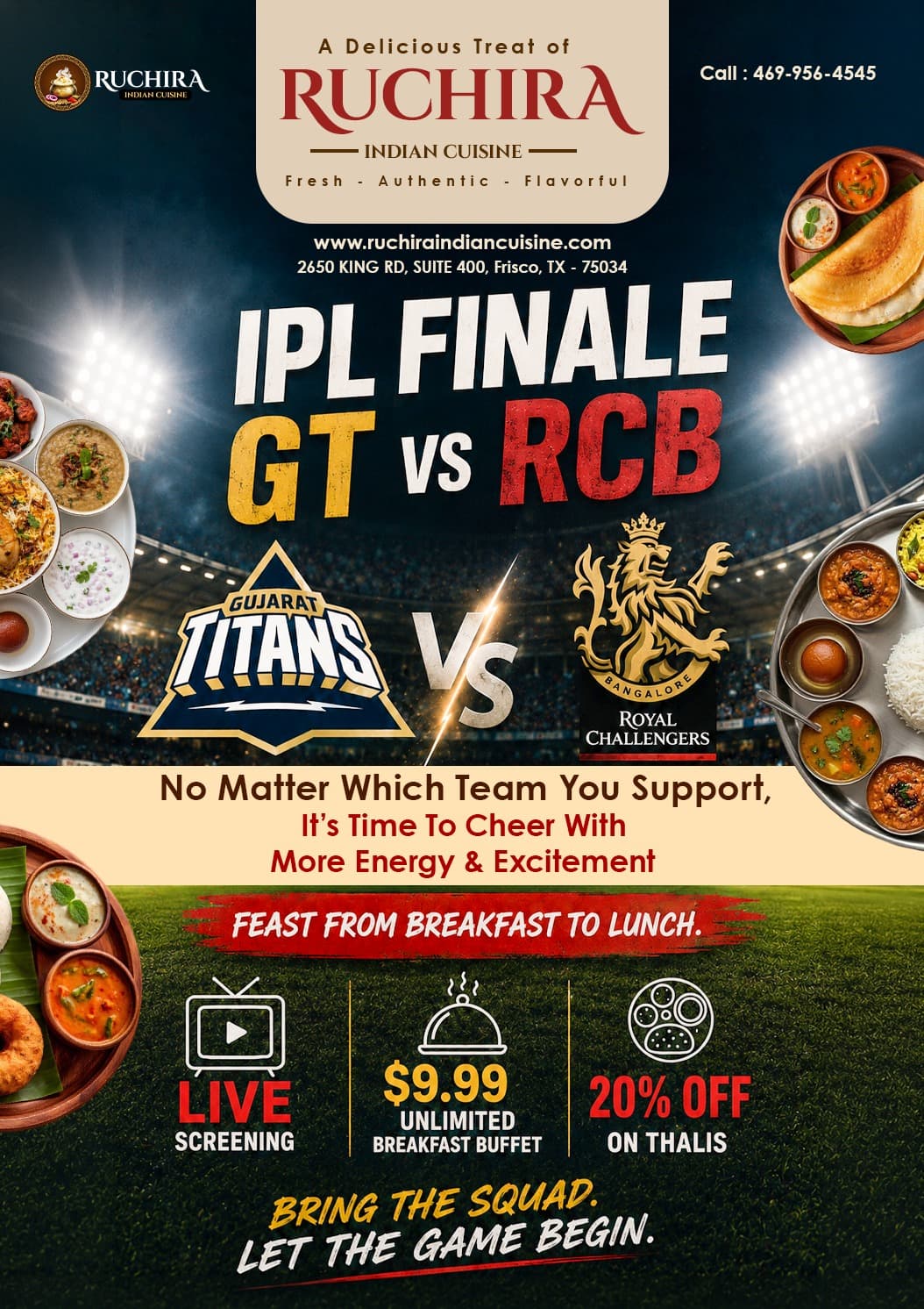 $9.99 Unlimited Breakfast Buffet and 20% Off on Thalis during IPL Finale screening