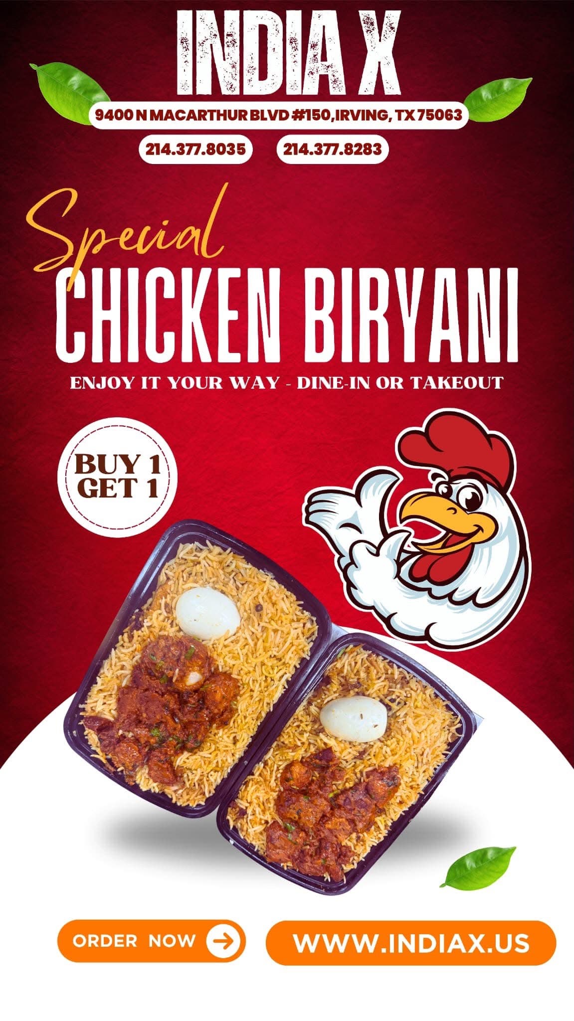 Buy 1 Get 1 Free Special Chicken Biryani for dine-in or takeout