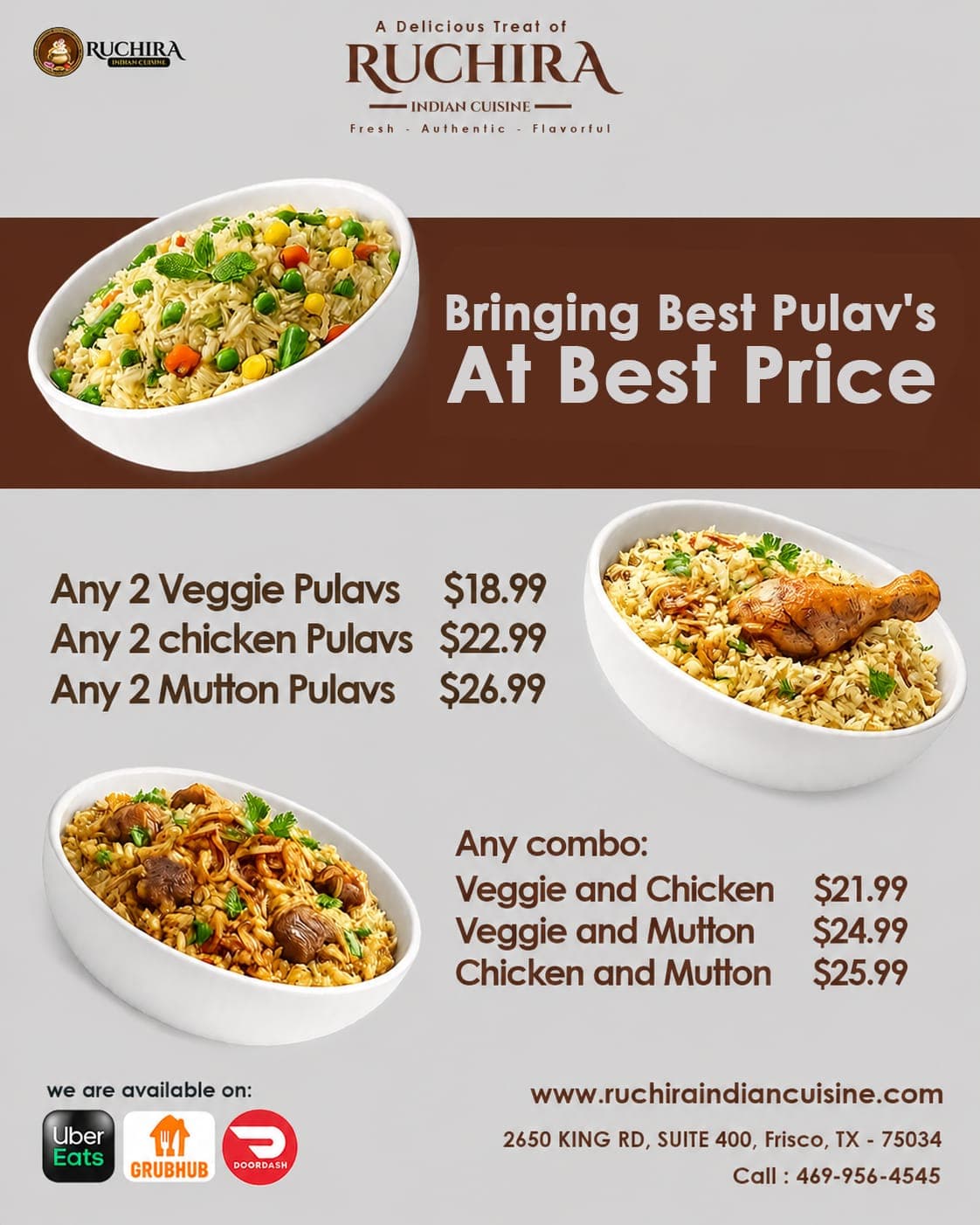 Special prices on pairs of Pulavs (Veggie, Chicken, Mutton) starting at $18.99, and mix-and-match Pulav combos starting at $21.99.
