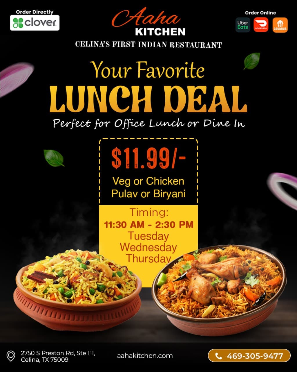 $11.99 Veg or Chicken Pulav or Biryani Lunch Deal