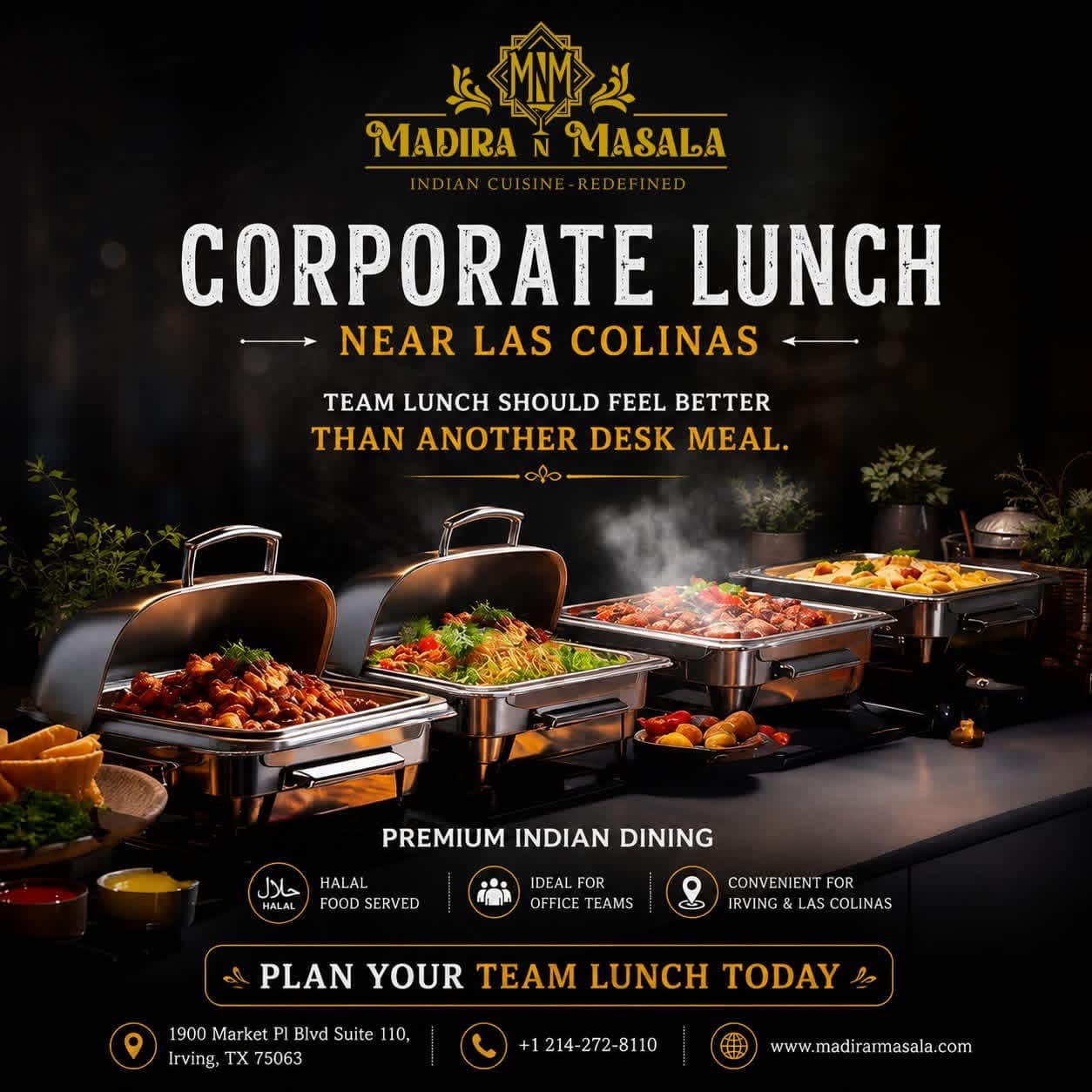 Corporate and team lunch special offering premium Indian dining with halal food served, located near Las Colinas.