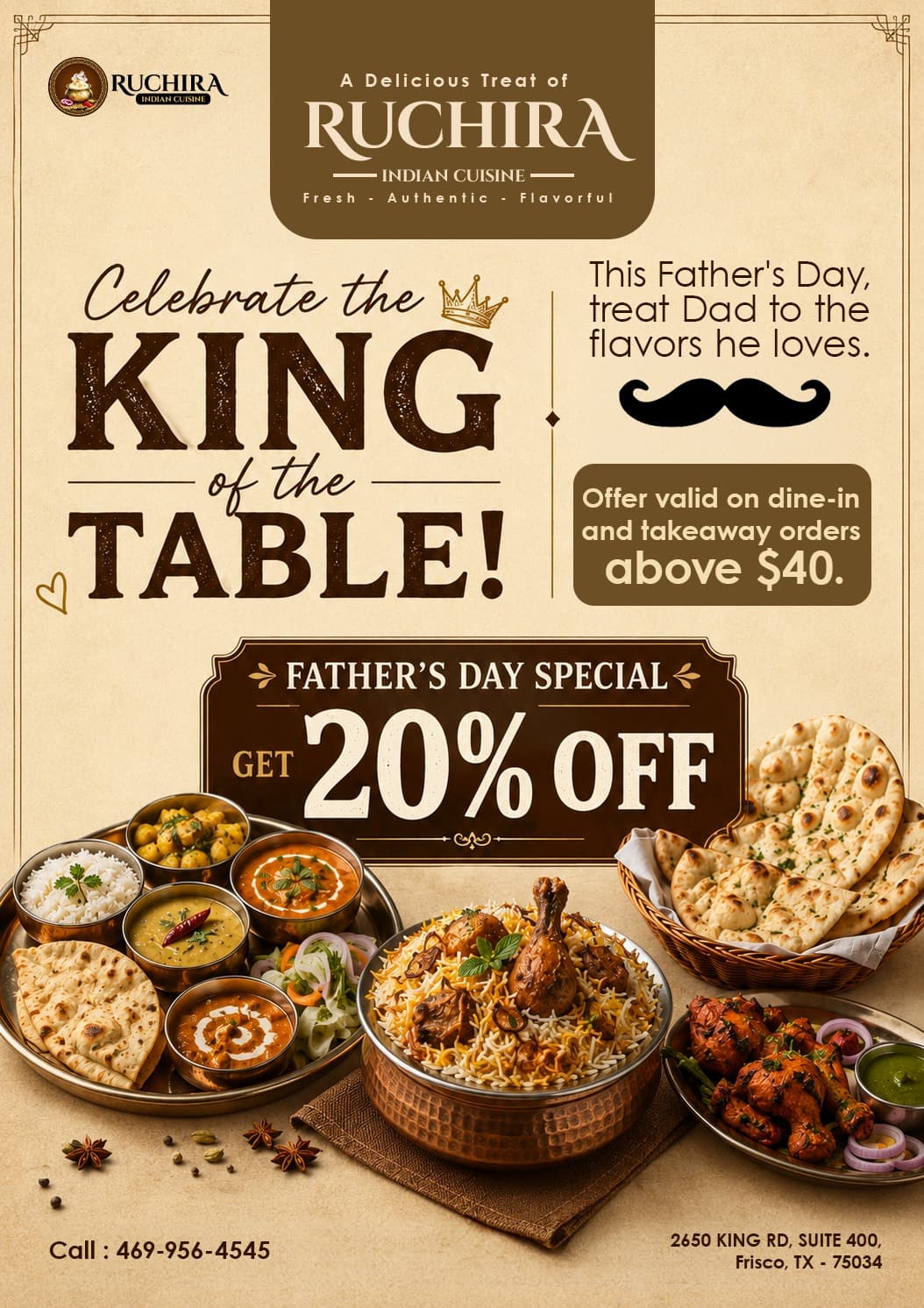 Father's Day Special: Get 20% off on dine-in and takeaway orders above $40.