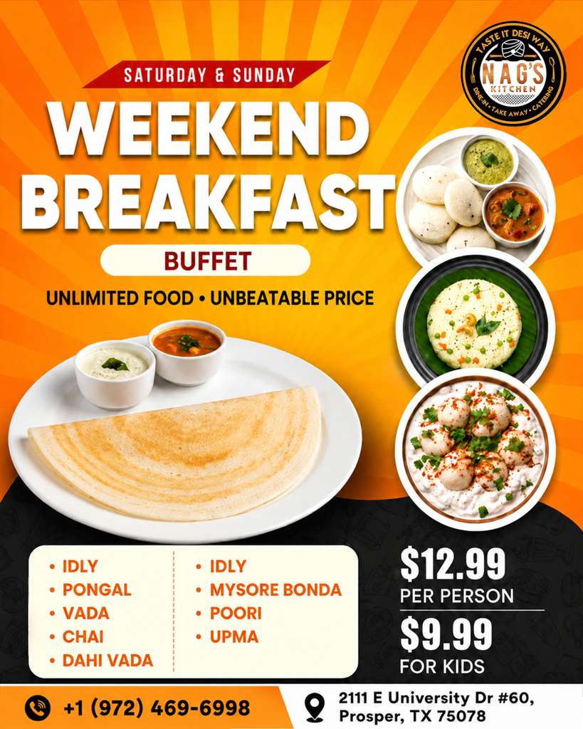 Weekend Breakfast Buffet with unlimited food for $12.99 per person and $9.99 for kids.