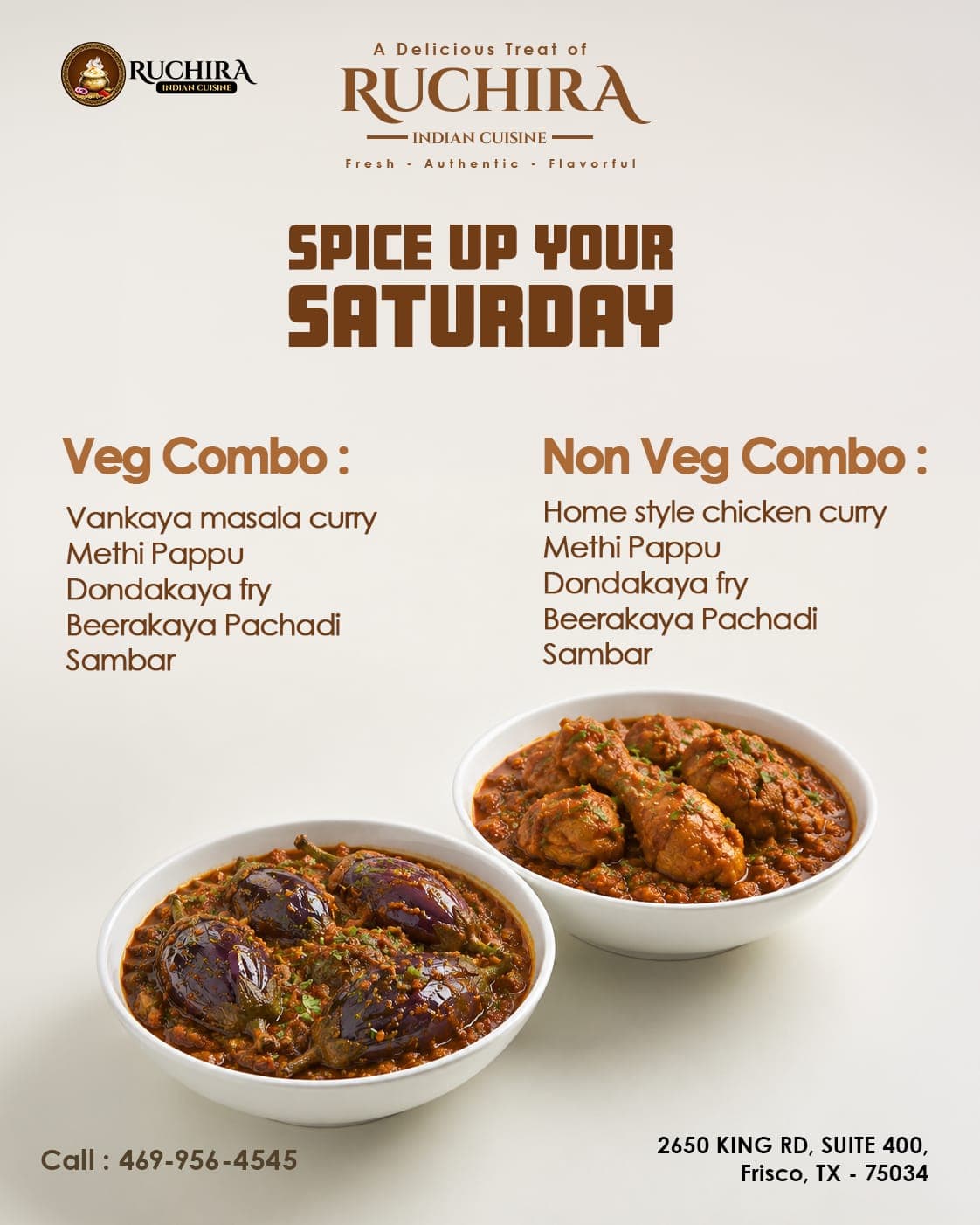 Saturday Special Veg and Non-Veg Combos featuring traditional dishes like Vankaya Masala Curry, Home Style Chicken Curry, Methi Pappu, Dondakaya Fry, Beerakaya Pachadi, and Sambar.