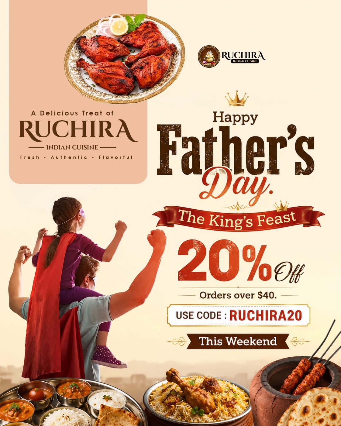 20% off orders over $40 with code RUCHIRA20 for Father's Day weekend