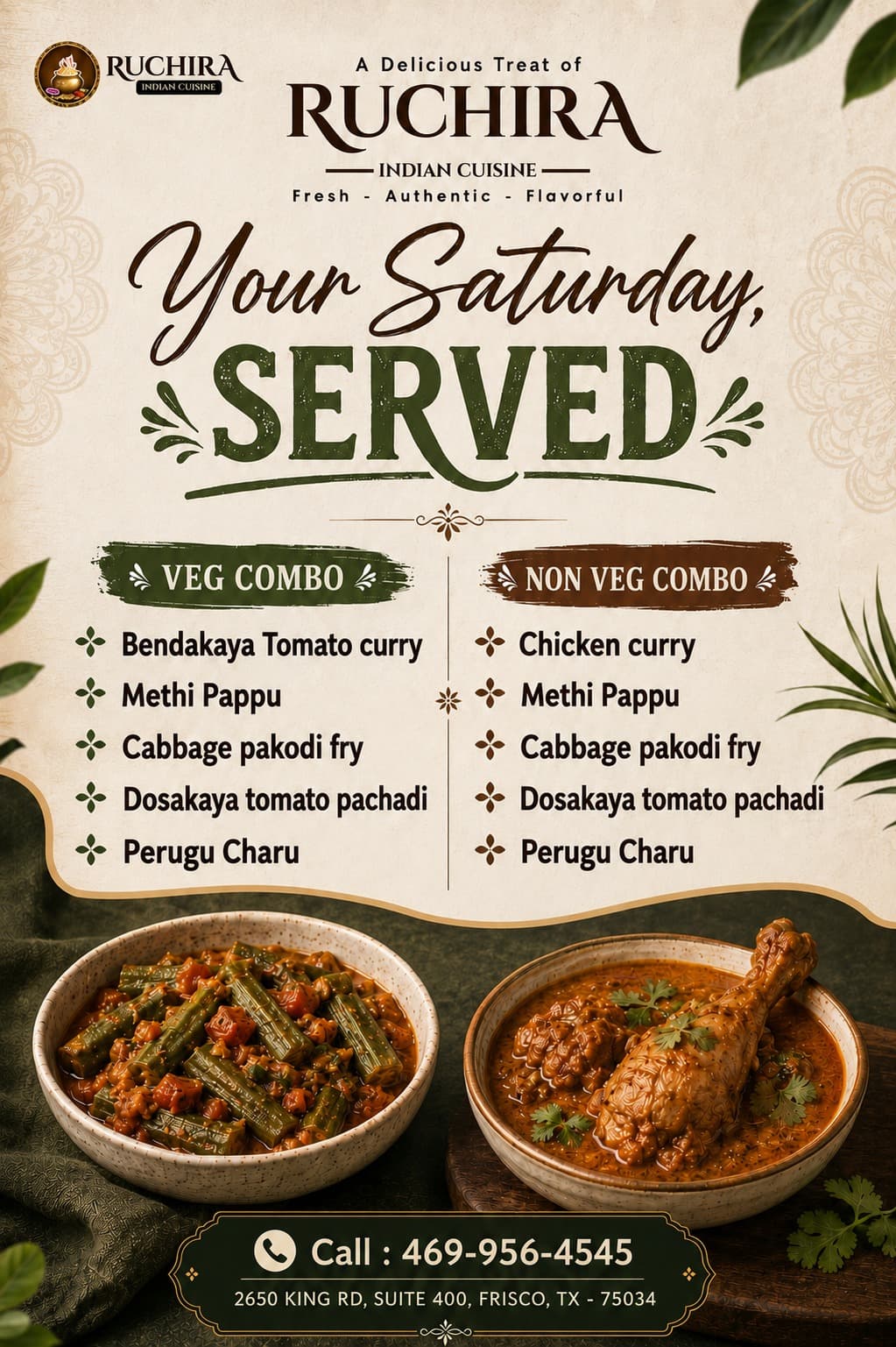 Saturday Special Veg and Non-Veg Combos featuring traditional curries, sides, and accompaniments