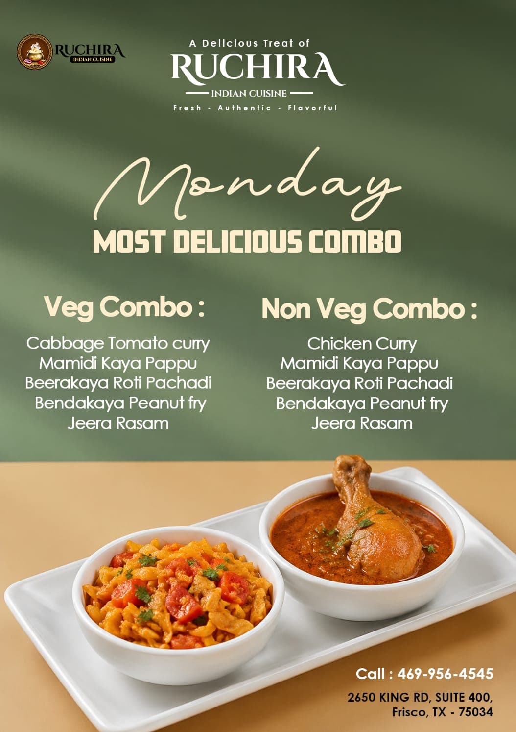 Monday Veg Combo and Non-Veg Combo special menu featuring selected curry, pappu, pachadi, fry, and rasam items.