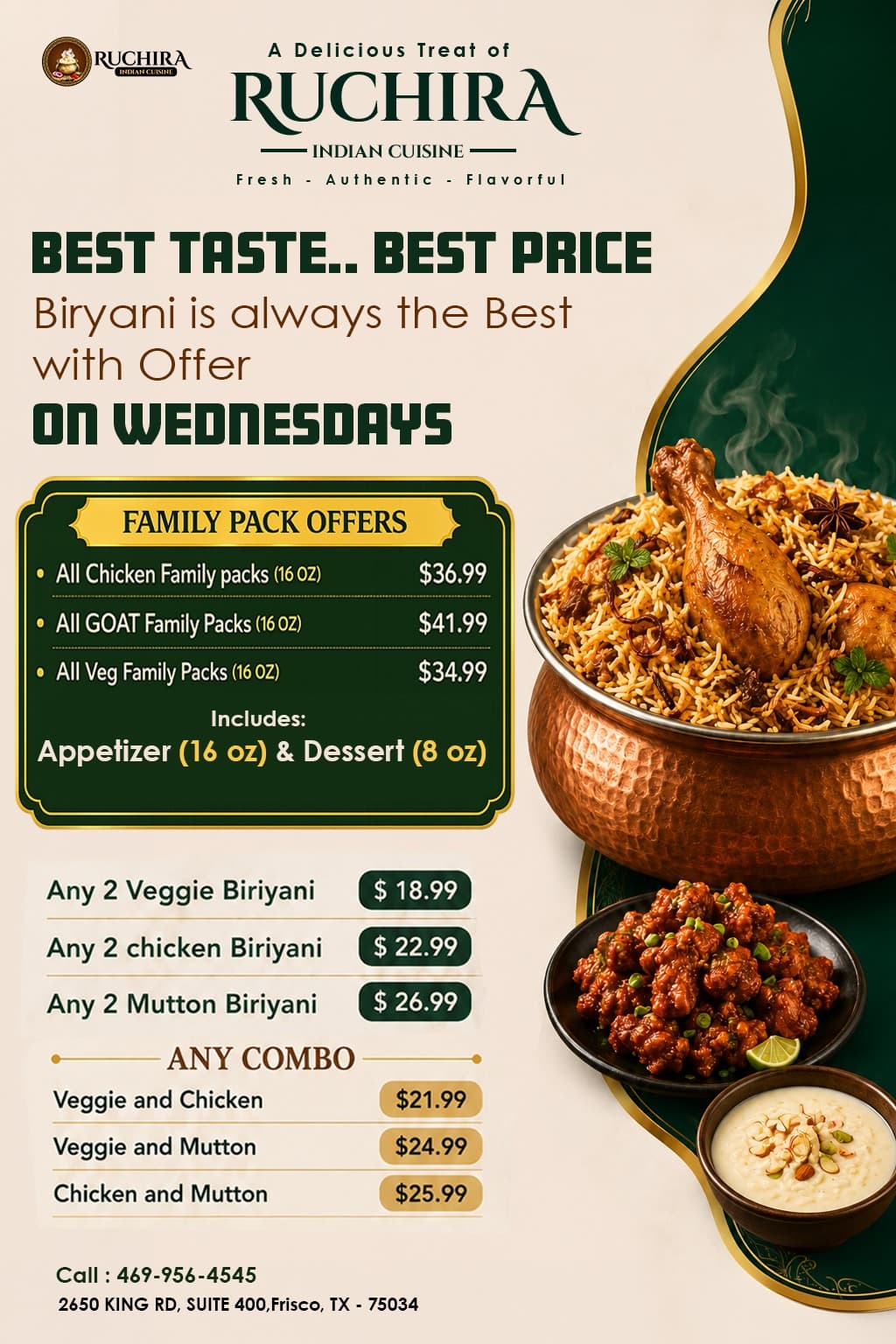Wednesday special offers on Family Packs (Chicken, Goat, Veg), Any 2 Biriyani deals (Veggie, Chicken, Mutton), and Biryani combos.