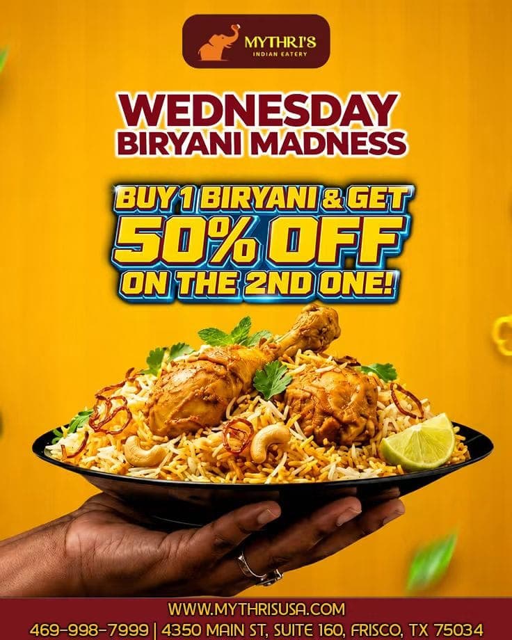 Wednesday Biryani Madness: Buy 1 Biryani and get 50% off on the second one