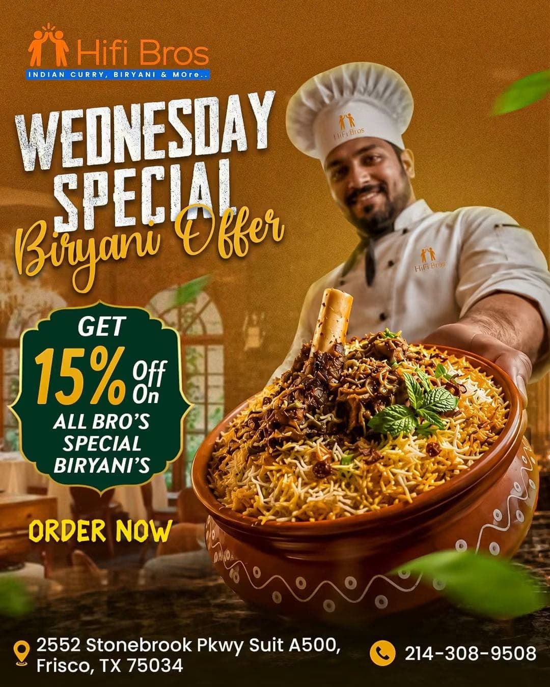 Wednesday Special: Get 15% off on all Bro's Special Biryanis.