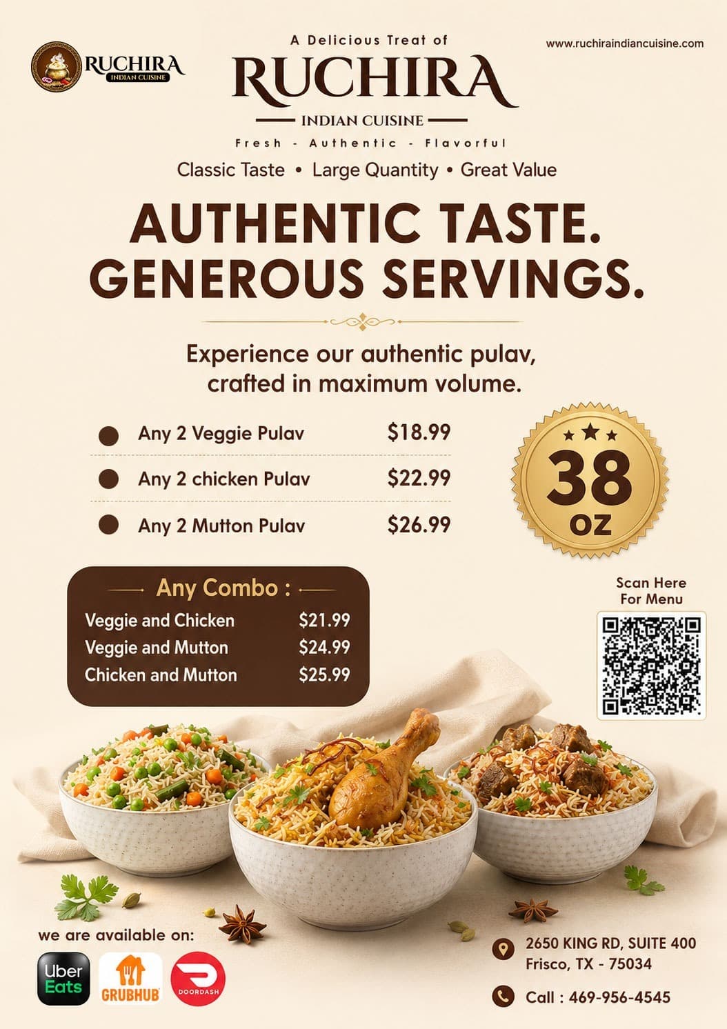 Special prices on 38 oz Pulavs: Any 2 Veggie Pulav for $18.99, Any 2 Chicken Pulav for $22.99, Any 2 Mutton Pulav for $26.99. Combo deals (Veggie & Chicken, Veggie & Mutton, Chicken & Mutton) available from $21.99 to $25.99.