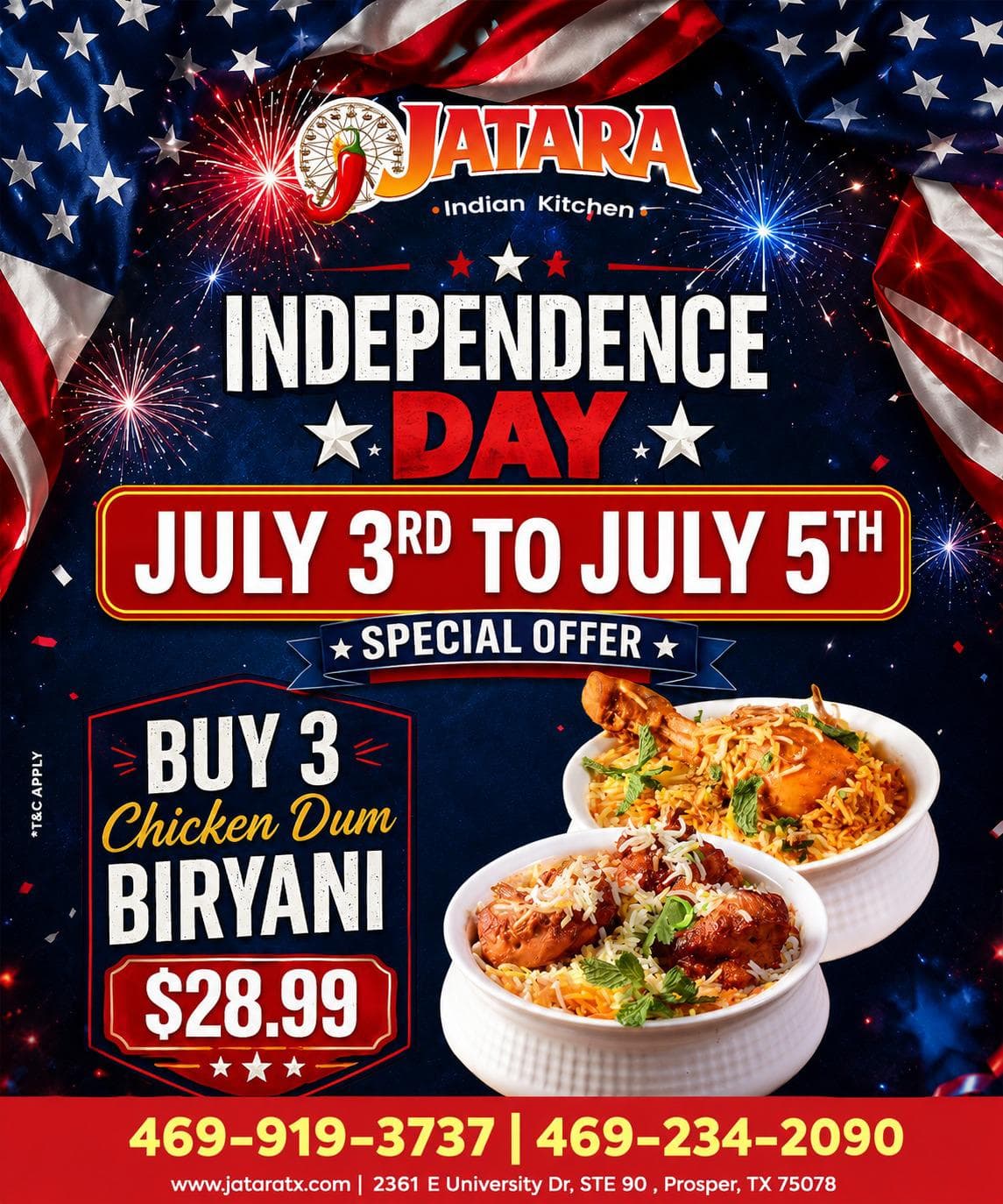 Independence Day Special Offer: Buy 3 Chicken Dum Biryani for $28.99
