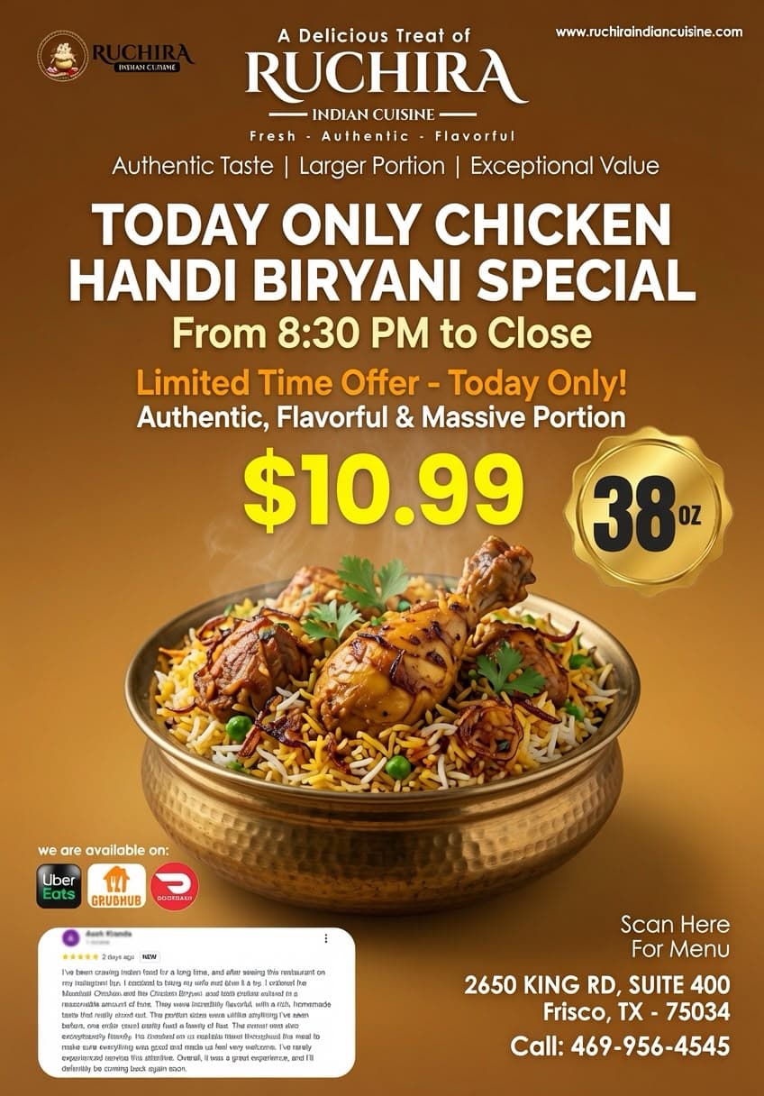 Chicken Handi Biryani Special (38 oz) for $10.99. Available from 8:30 PM to Close (Today Only).