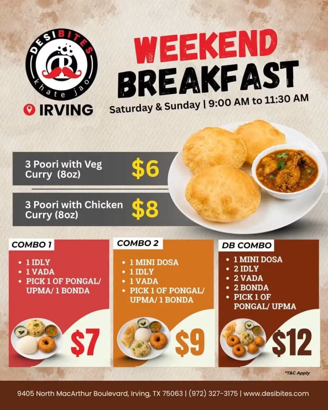 Weekend breakfast menu featuring Poori with Curry, Combo 1, Combo 2, and DB Combo starting at $6