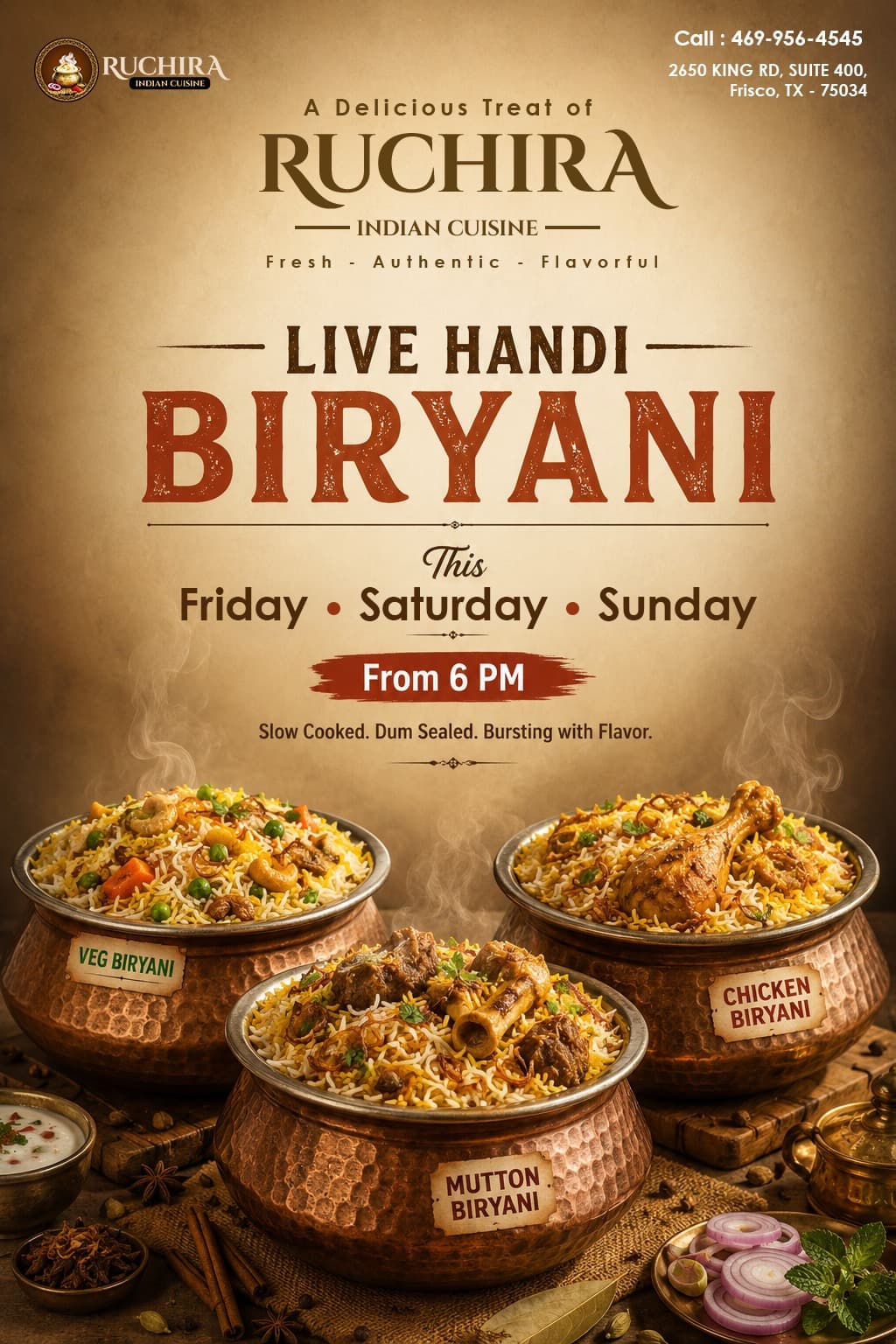 Live Handi Biryani featuring Veg Biryani, Chicken Biryani, and Mutton Biryani starting from 6 PM