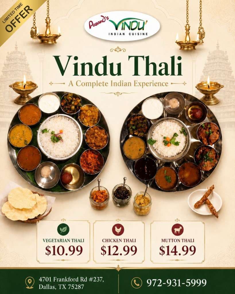 Limited time offer on Vindu Thali: Vegetarian Thali for $10.99, Chicken Thali for $12.99, and Mutton Thali for $14.99.