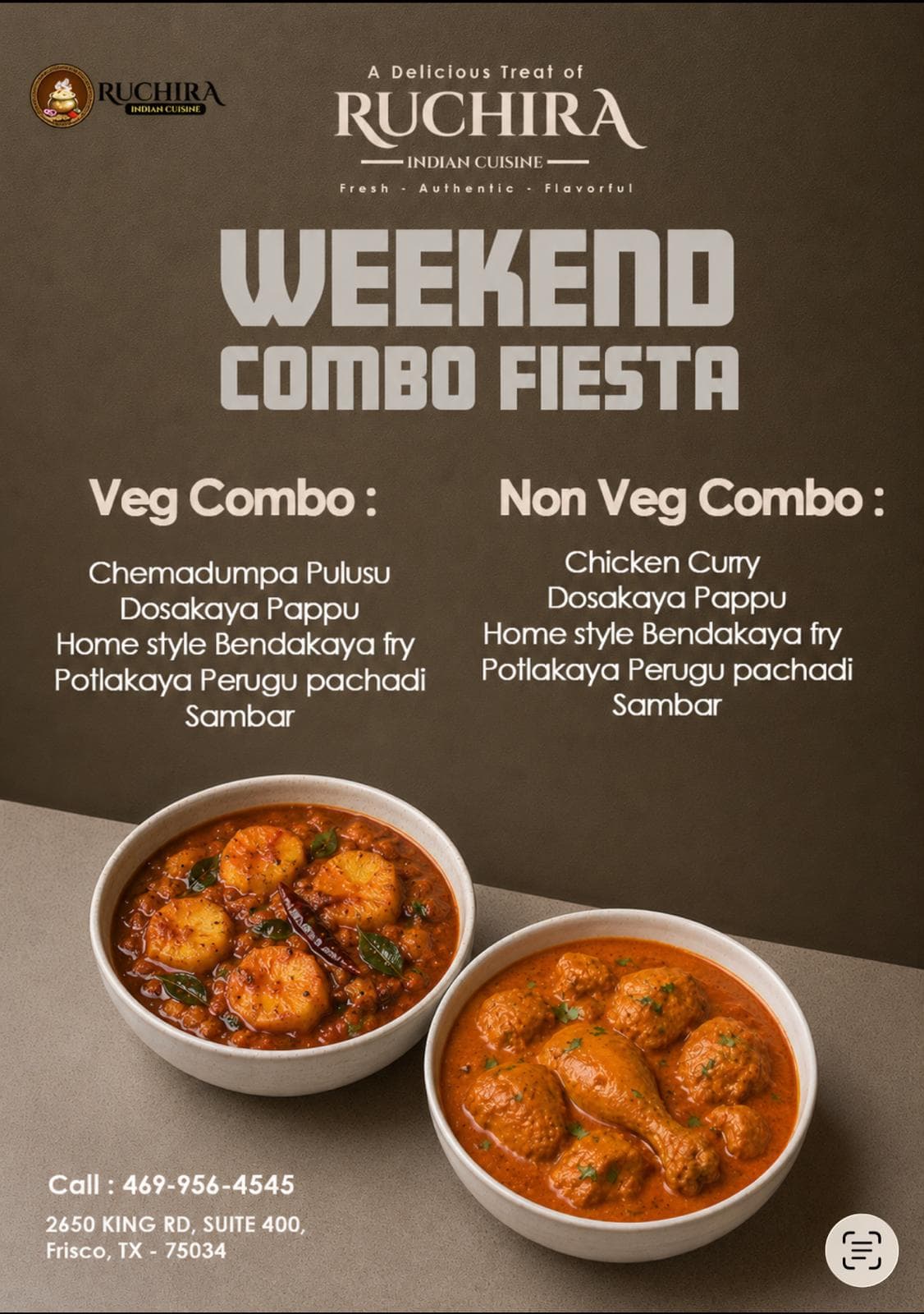 Weekend Combo Fiesta featuring Veg and Non-Veg combo meals with traditional Indian dishes like Chemadumpa Pulusu, Chicken Curry, Dosakaya Pappu, Bendakaya fry, Potlakaya Perugu pachadi, and Sambar.