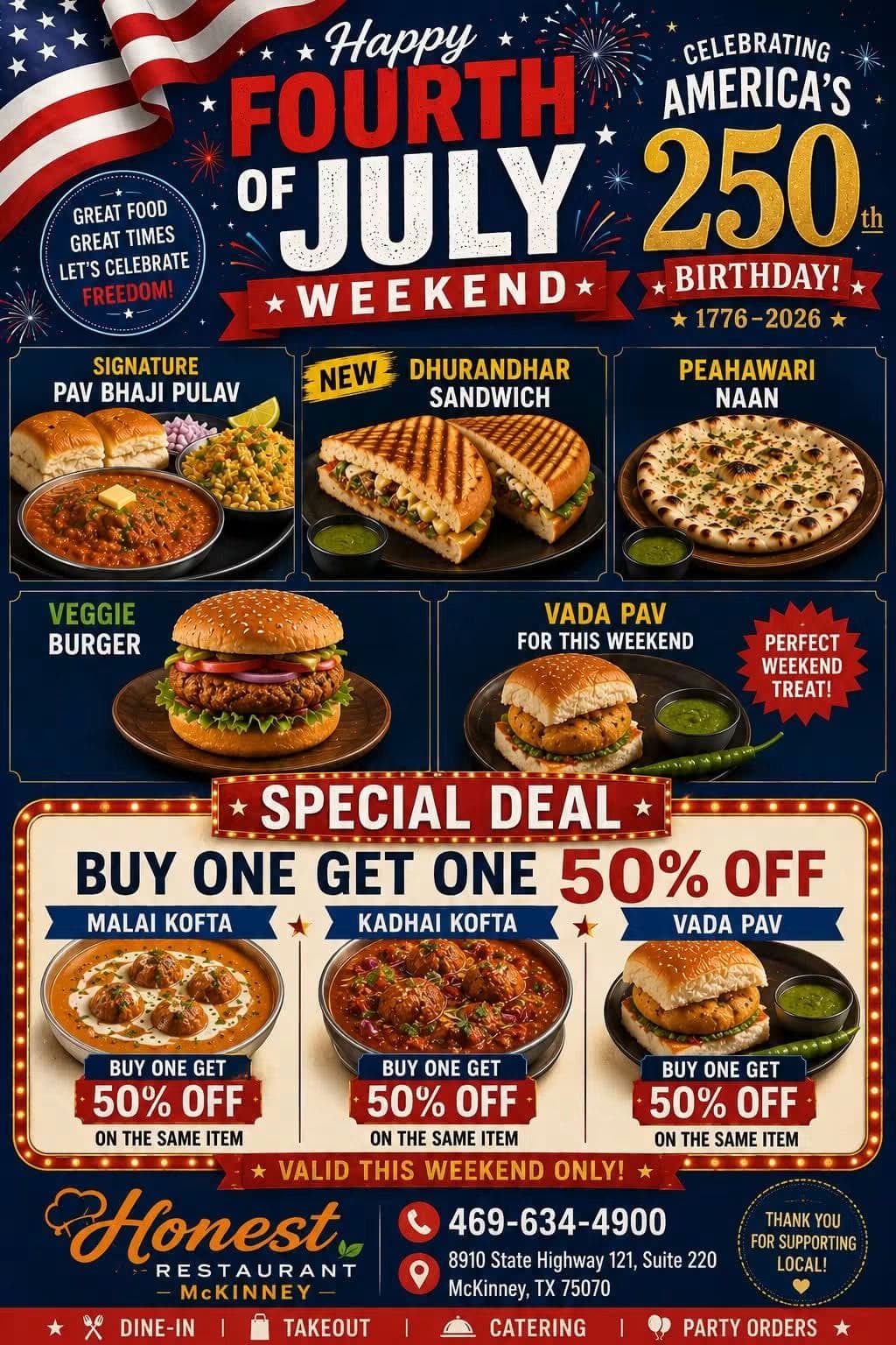 Buy one get one 50% off on the same item (Malai Kofta, Kadhai Kofta, or Vada Pav). Valid this weekend only.
