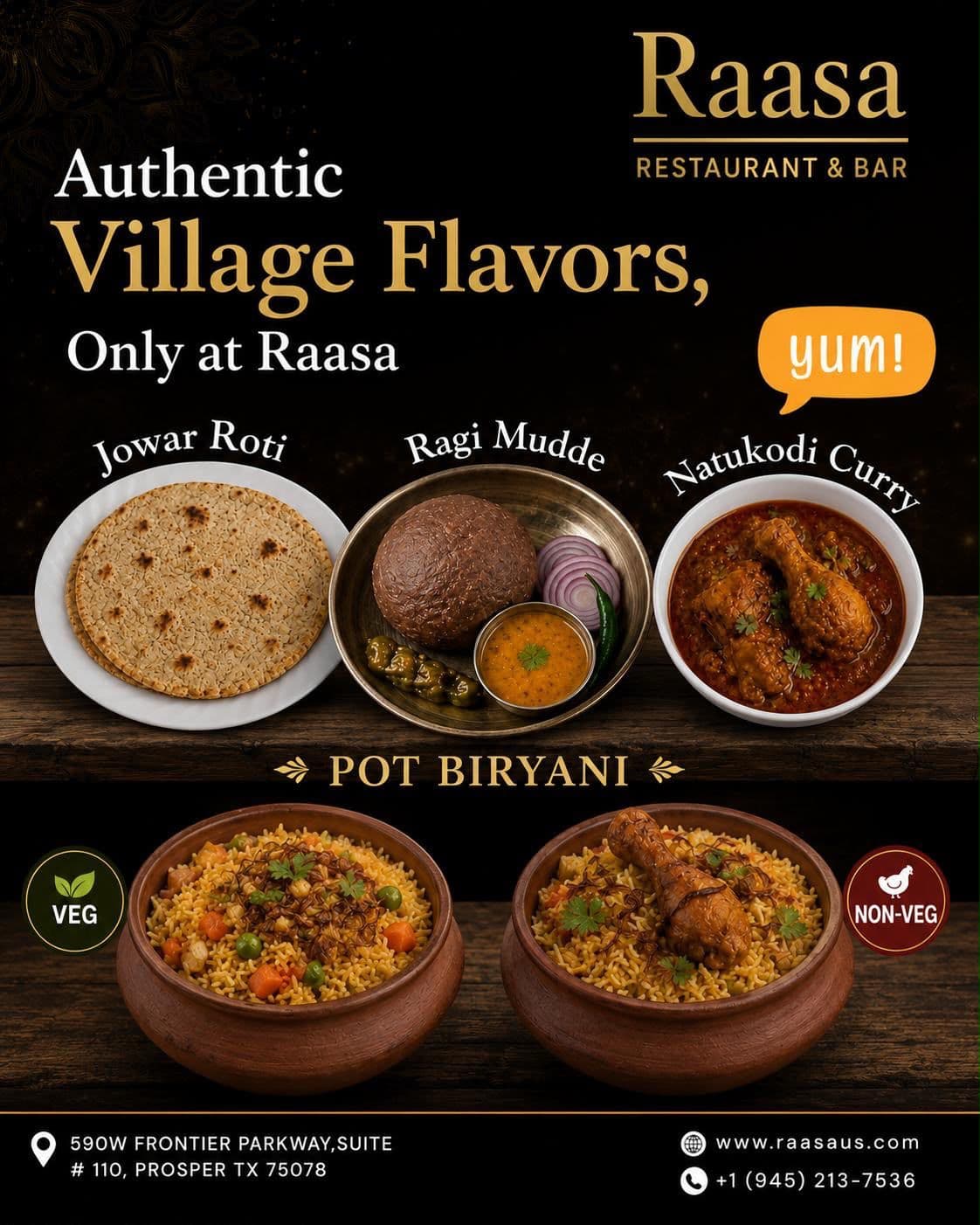 Special Authentic Village Flavors menu featuring Jowar Roti, Ragi Mudde, Natukodi Curry, and Pot Biryani
