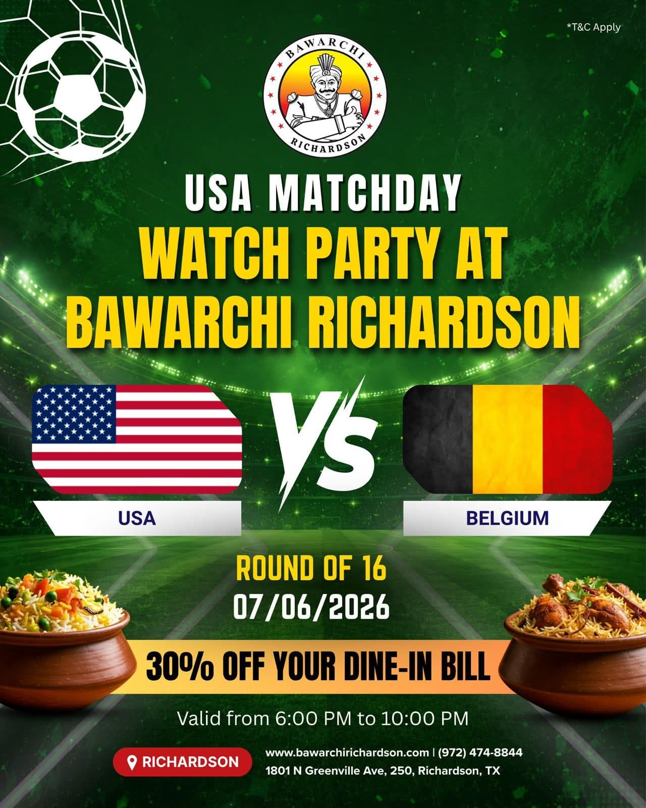 30% off your dine-in bill from 6:00 PM to 10:00 PM during the USA Matchday Watch Party