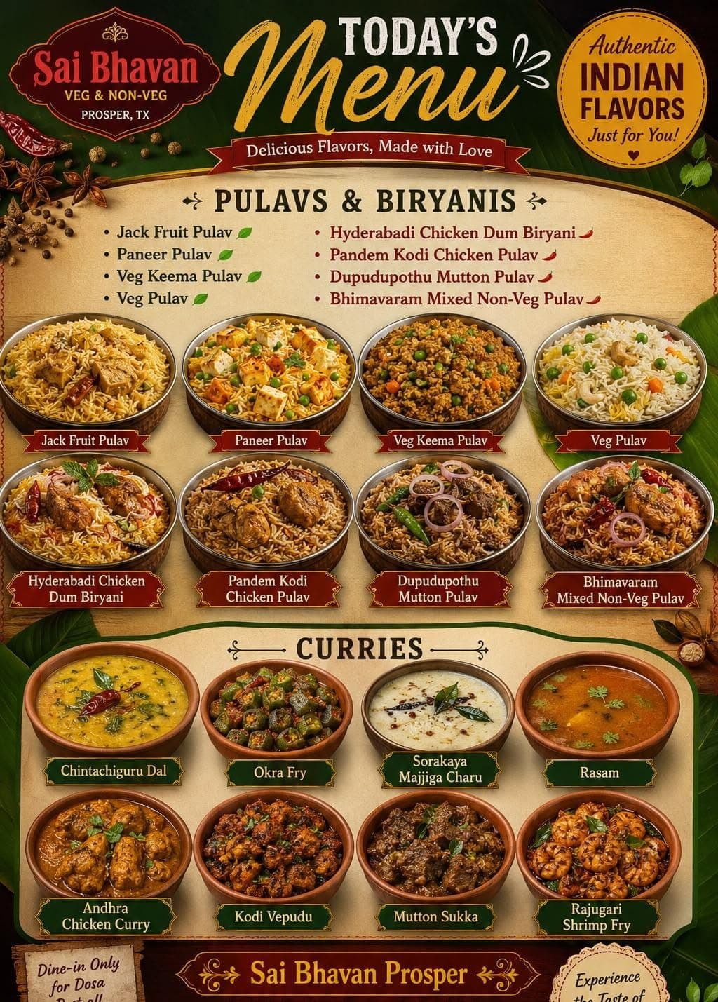 Daily special menu featuring a selection of Pulavs, Biryanis, and Curries, plus Dosa dine-in specials.