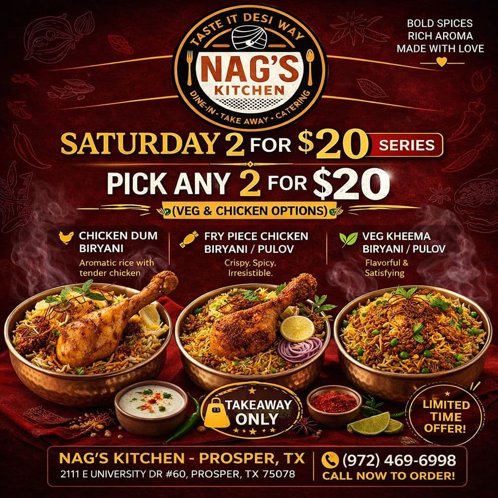 Pick any 2 for $20 (Veg & Chicken options). Saturday only, takeaway only.