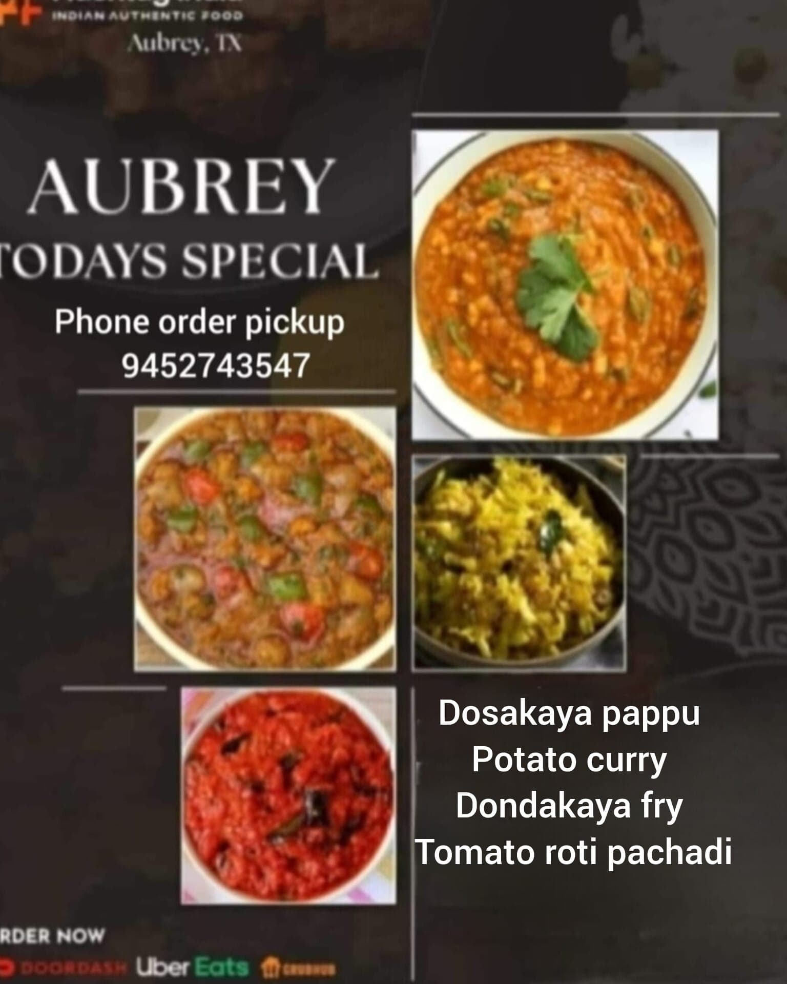 Today's Special featuring Dosakaya pappu, Potato curry, Dondakaya fry, and Tomato roti pachadi
