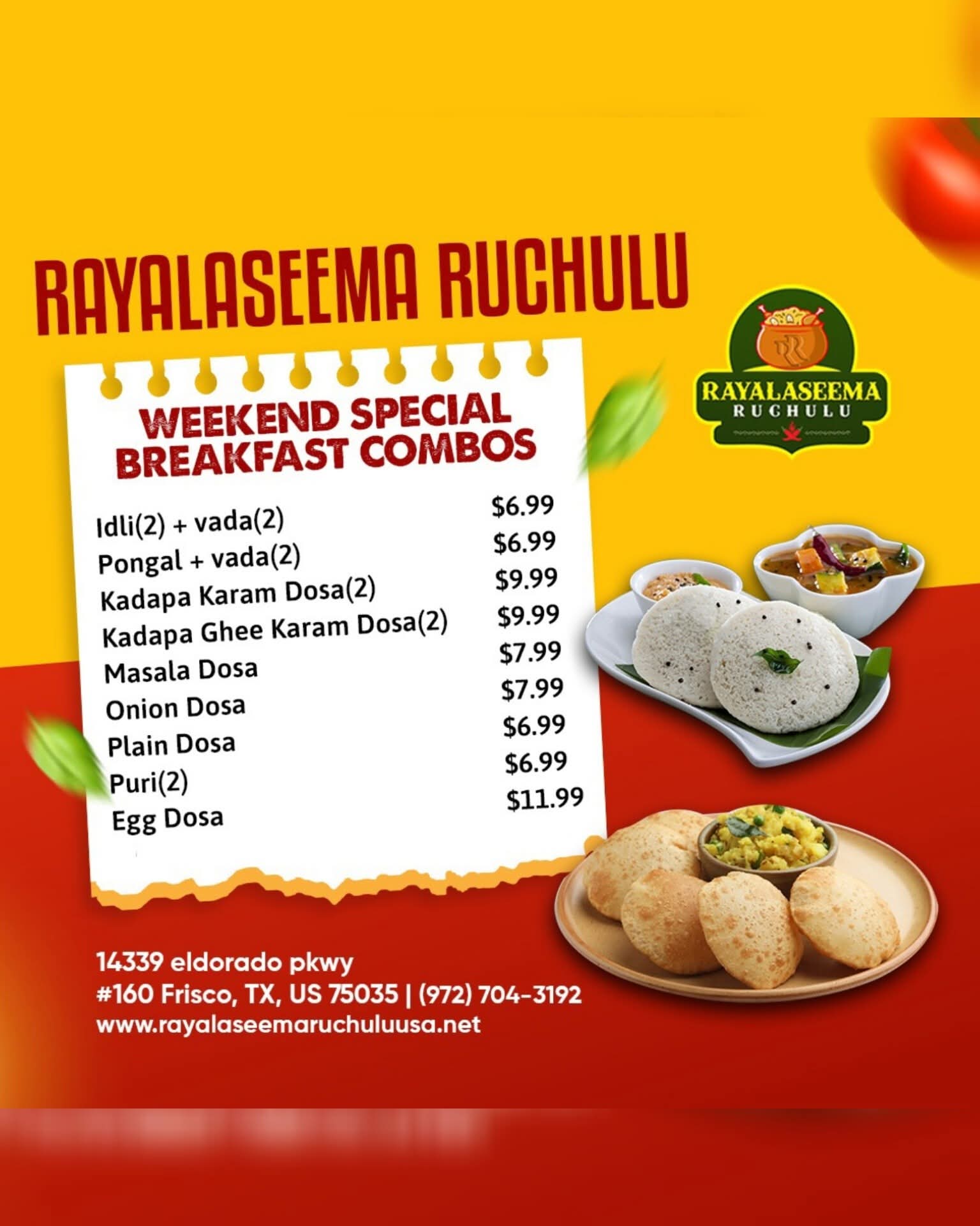 Weekend special breakfast combos with various South Indian items like Idli, Vada, Pongal, and Dosas starting at $6.99.
