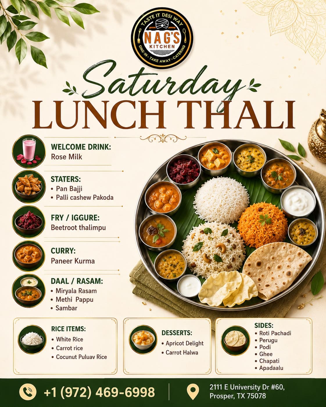 Saturday Lunch Thali featuring a multi-course set menu including Welcome Drink, Starters, Fry, Curry, Daal/Rasam, Rice Items, Desserts, and Sides.