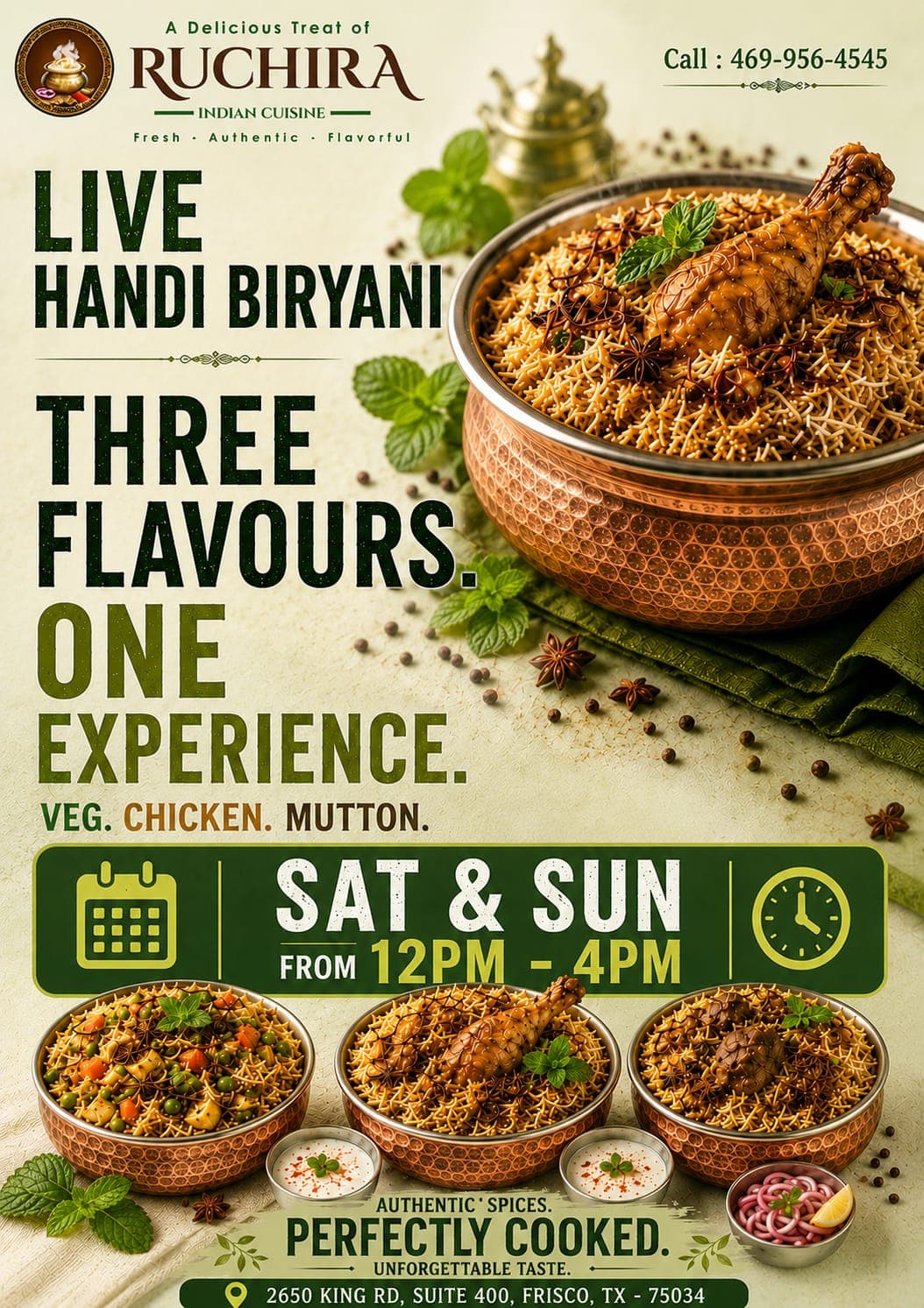 Live Handi Biryani featuring Veg, Chicken, and Mutton flavors, available on Saturdays and Sundays from 12:00 PM to 4:00 PM.