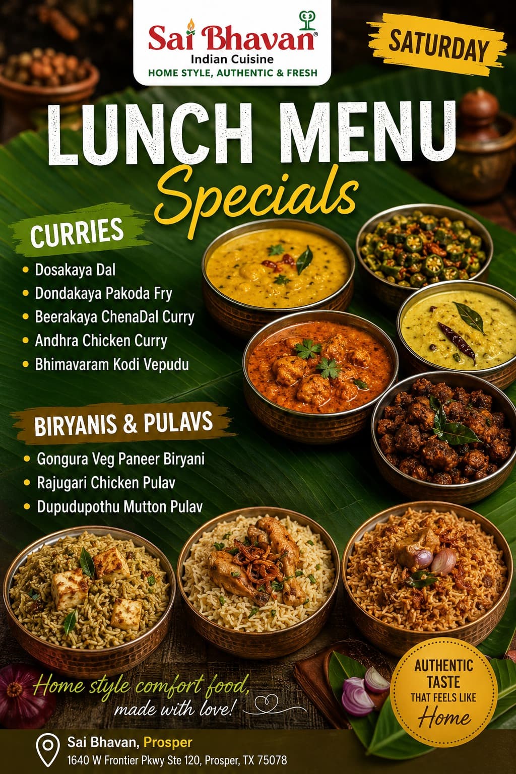 Saturday Lunch Menu Specials featuring a selection of special Curries, Biryanis, and Pulavs.