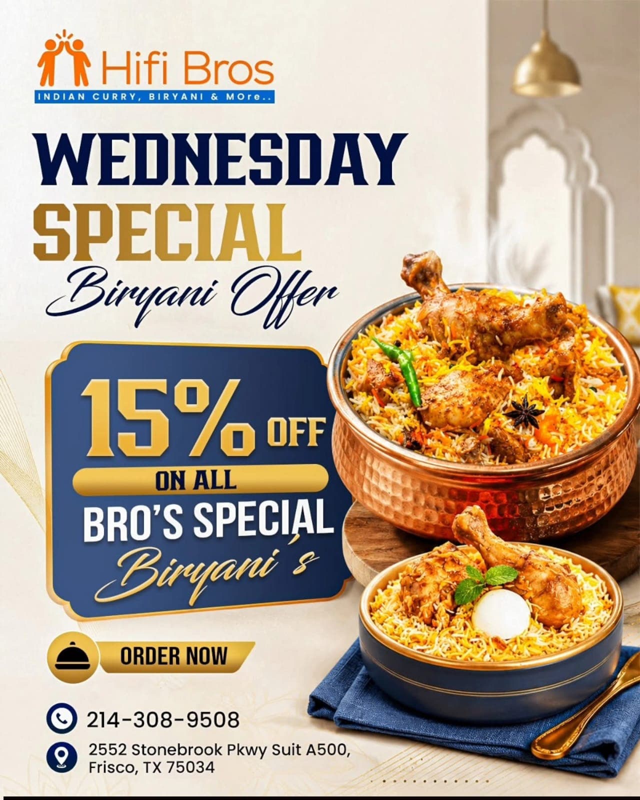 15% off on all Bro's Special Biryanis