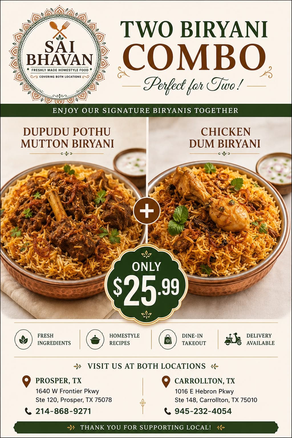 Two Biryani Combo: Dupudu Pothu Mutton Biryani + Chicken Dum Biryani for only $25.99.