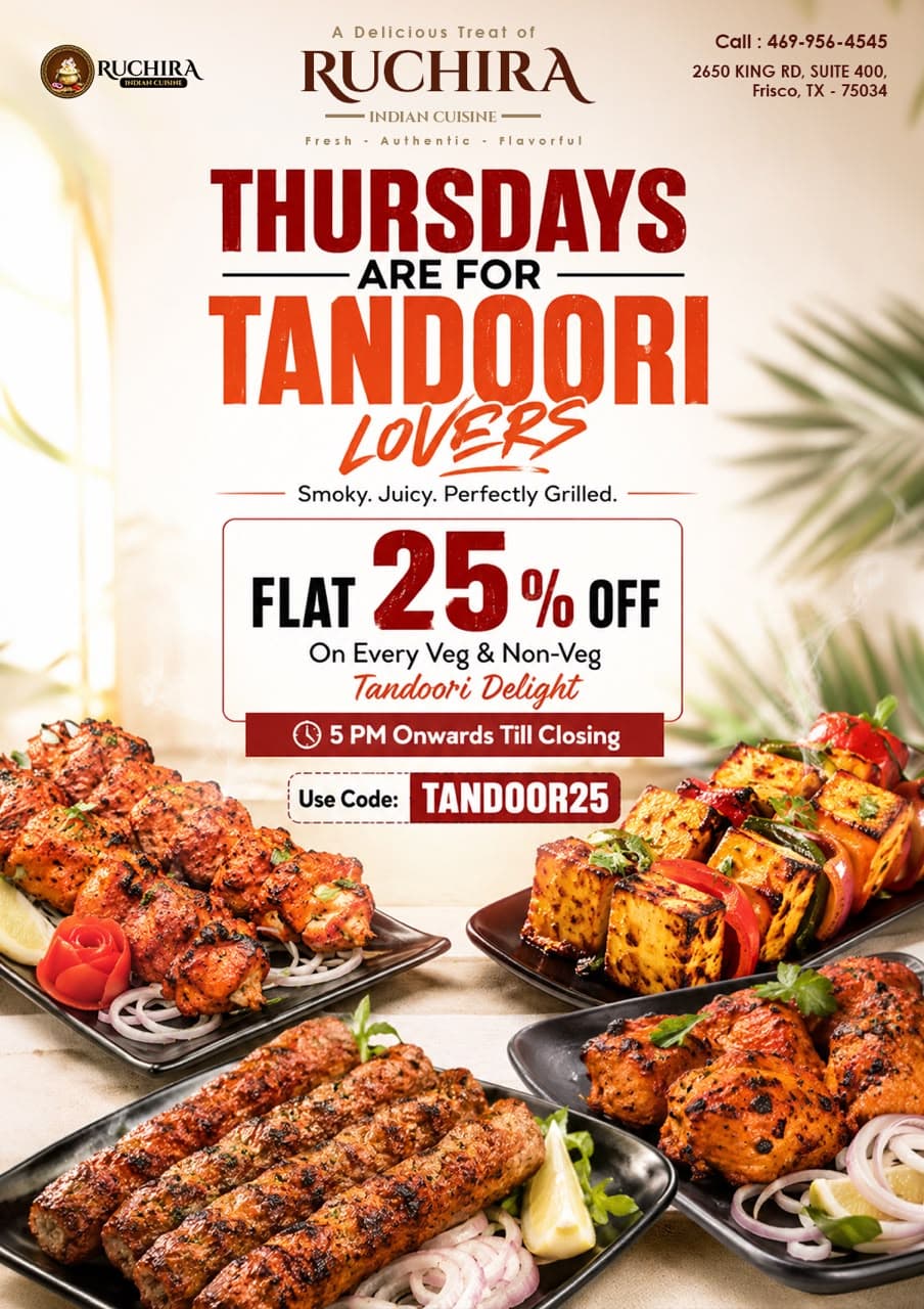 Flat 25% off on every Veg & Non-Veg Tandoori Delight, available Thursdays from 5 PM onwards till closing. Use Code: TANDOOR25.