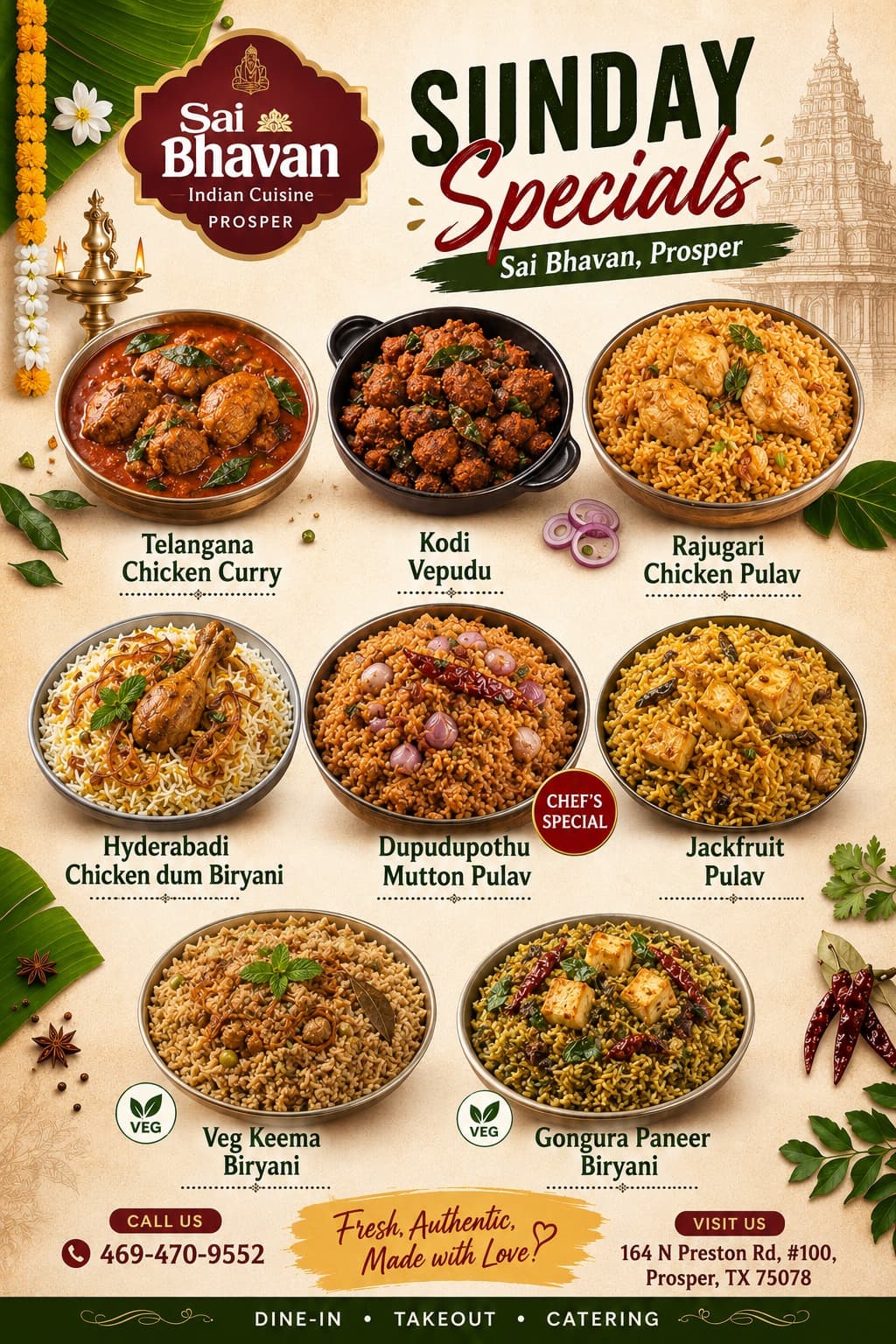 Sunday Specials featuring a variety of special curries, pulavs, and biryanis.