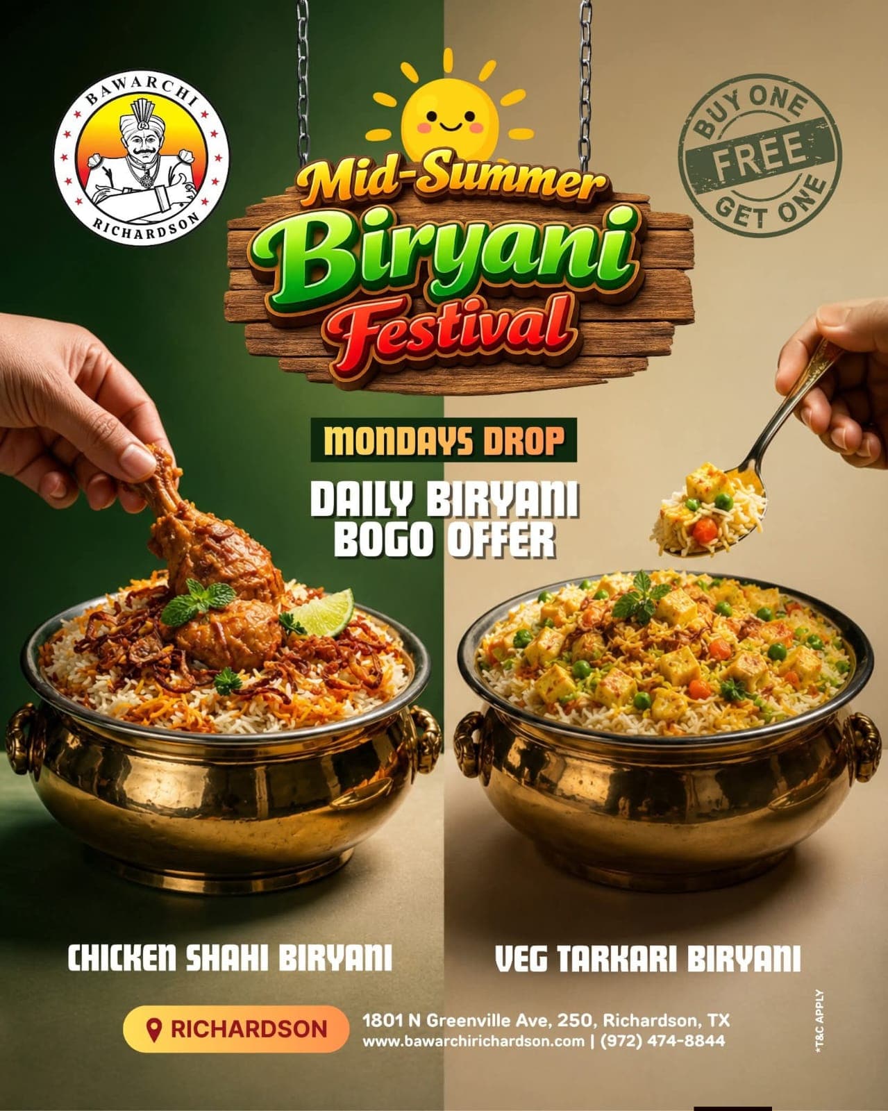 Mondays Drop: Daily Biryani BOGO (Buy One Get One Free) Offer featuring Chicken Shahi Biryani and Veg Tarkari Biryani.
