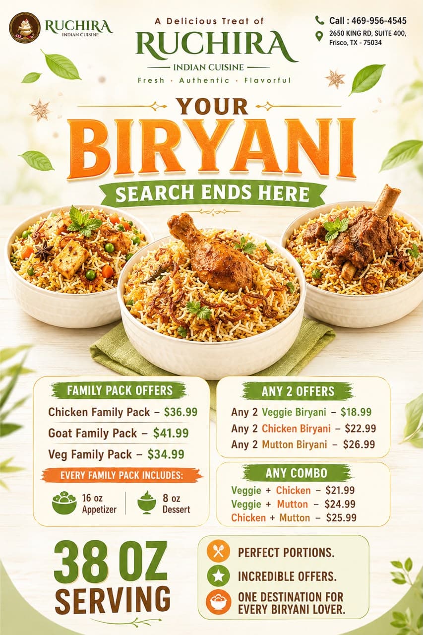 Special Biryani promotional offers including Family Packs with 16 oz appetizer and 8 oz dessert starting at $34.99, Any 2 Biryanis starting at $18.99, and Biryani Combos starting at $21.99.
