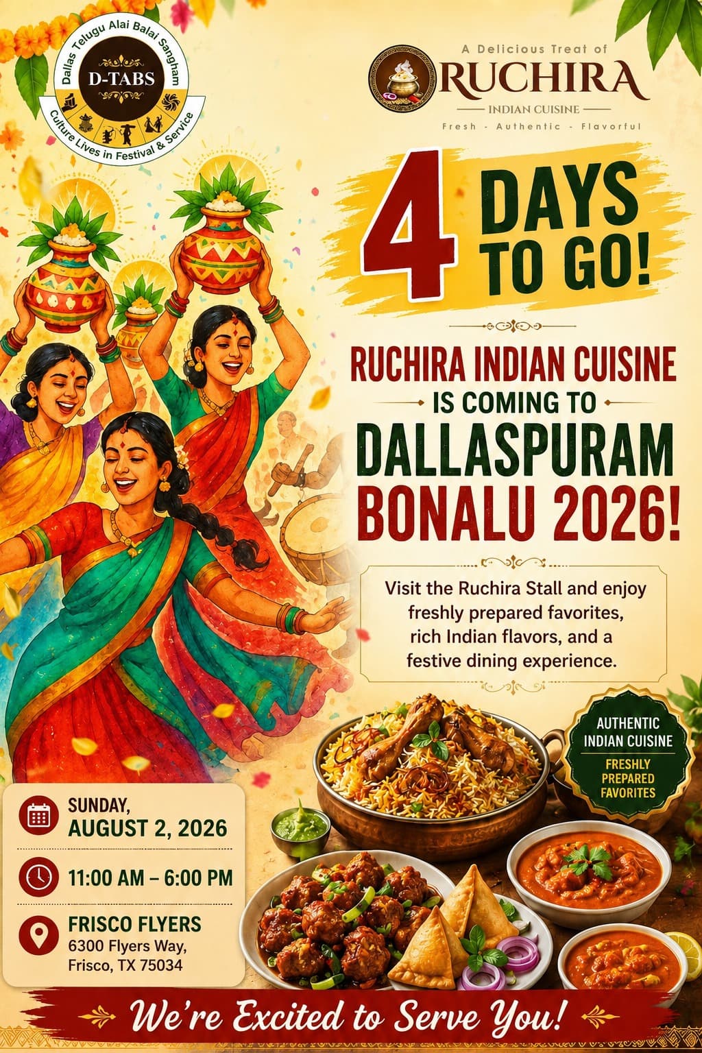 Enjoy freshly prepared Indian favorites and rich Indian flavors at the Ruchira Stall during Dallaspuram Bonalu 2026.