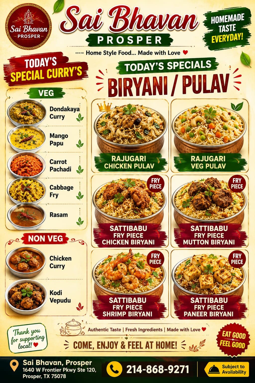Today's specials featuring Rajugari Pulavs, Sattibabu Fry Piece Biryanis, and Veg/Non-Veg curries