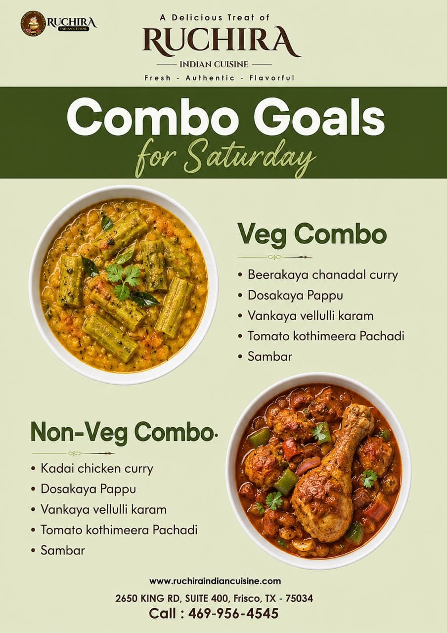 Saturday Special Veg and Non-Veg Combos featuring South Indian dishes like Pappu, Vankaya Vellulli Karam, and Sambar.