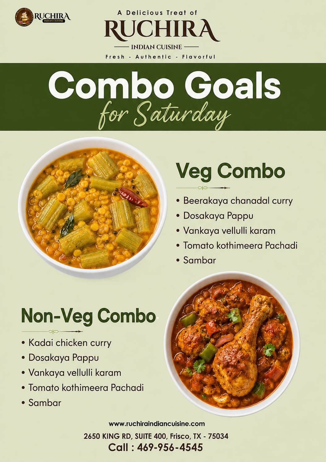 Saturday Special Veg and Non-Veg Combos featuring a variety of curries, Pappu, and Sambar.