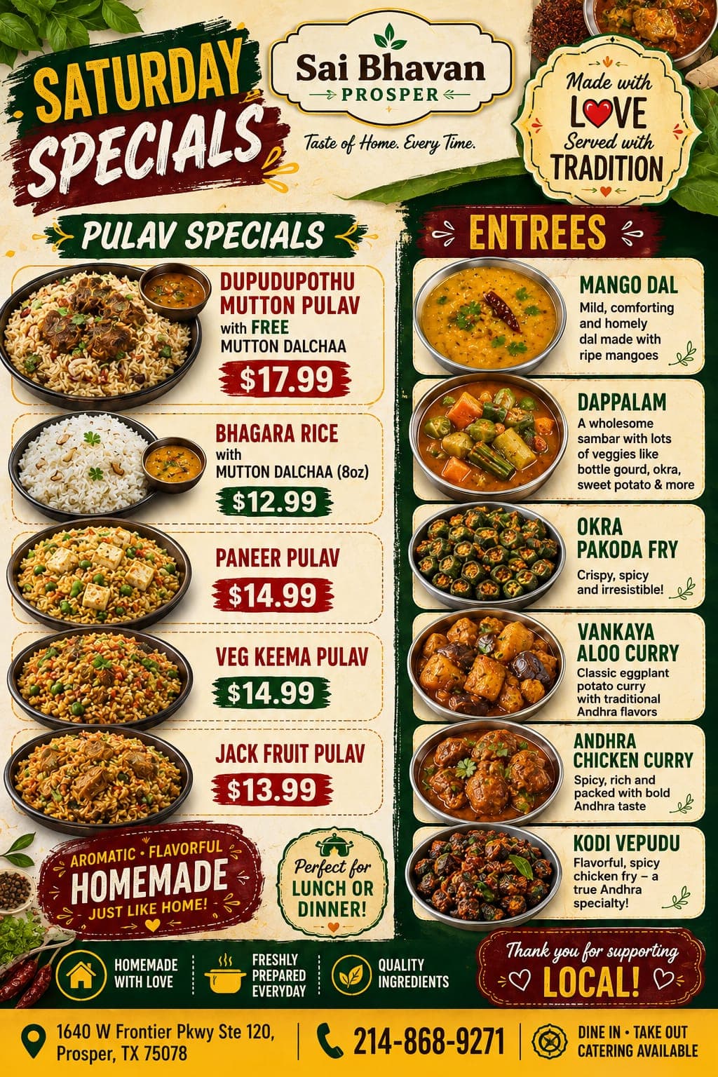 Saturday Specials featuring Pulav Specials with a free side of Mutton Dalchaa with the Dupuduputhu Mutton Pulav, along with various entrees.
