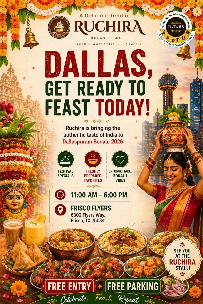 Festival specials and freshly prepared authentic Indian favorites at the Ruchira Stall in Frisco Flyers. Free entry and free parking.