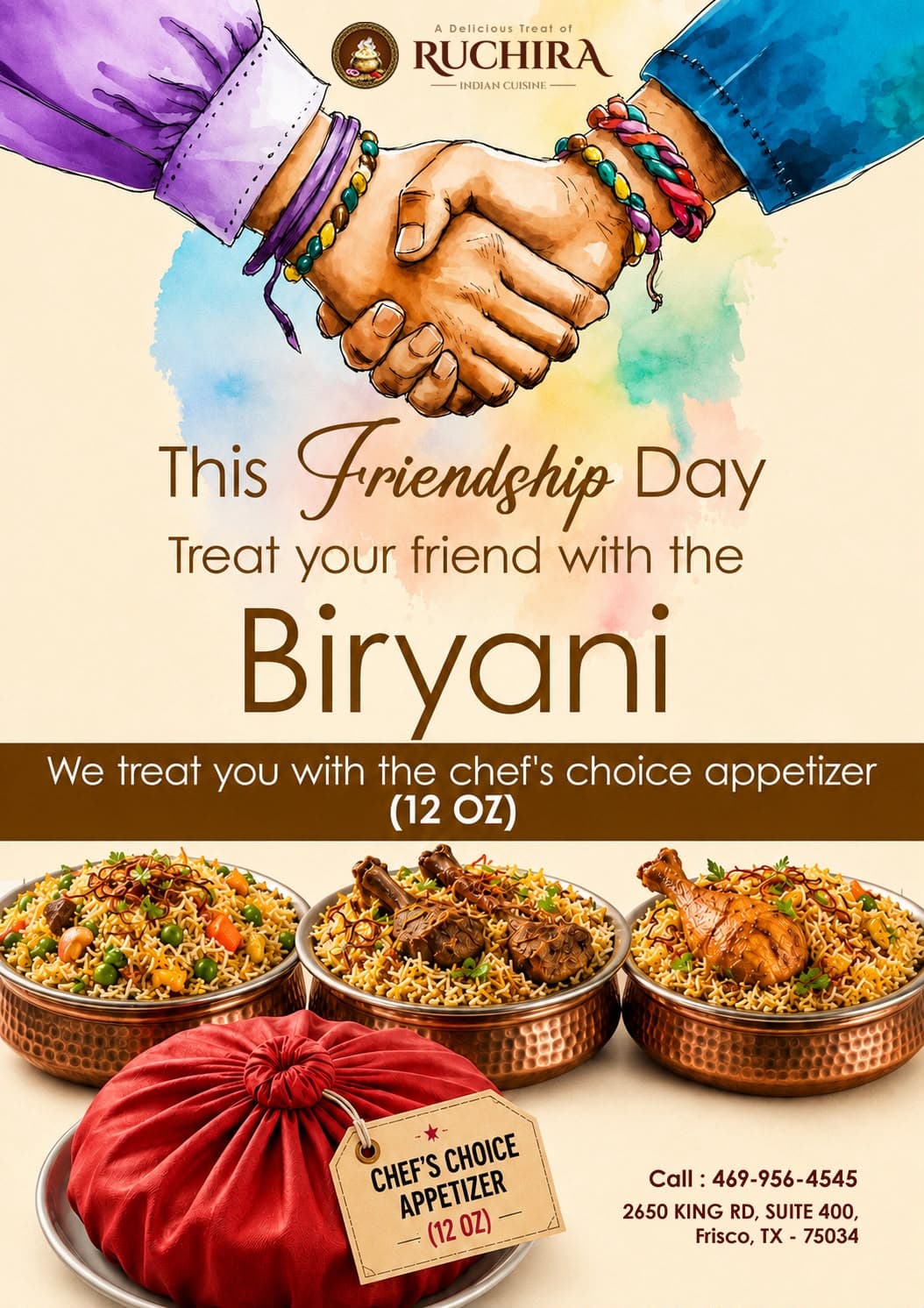 Treat your friend to Biryani and get a free 12 oz Chef's Choice Appetizer.