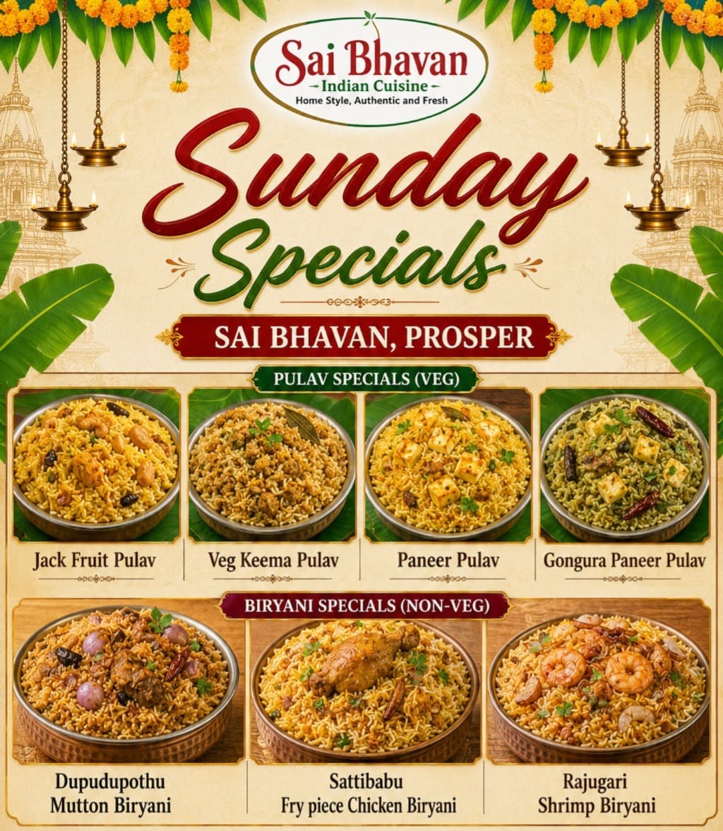 Sunday Specials featuring Veg Pulav Specials (Jack Fruit, Veg Keema, Paneer, Gongura Paneer) and Non-Veg Biryani Specials (Dupuduputhu Mutton, Sattibabu Fry piece Chicken, Rajugari Shrimp).