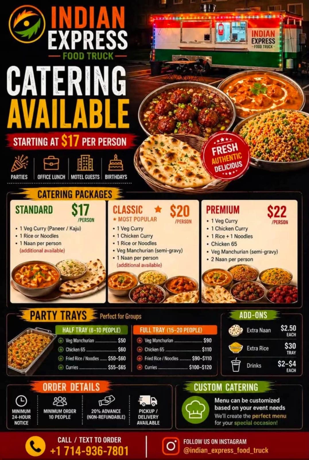 Catering packages starting at $17 per person (Standard, Classic, Premium) and party trays perfect for groups.