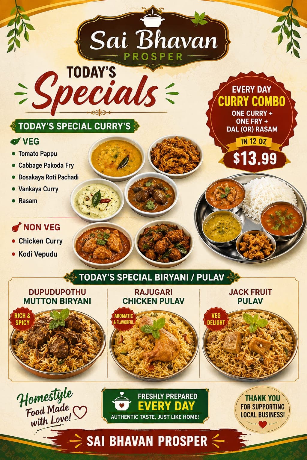 Every Day Curry Combo (One Curry + One Fry + Dal or Rasam in 12 oz) for $13.99, plus Today's Specials including Biryanis, Pulavs, and Curries.