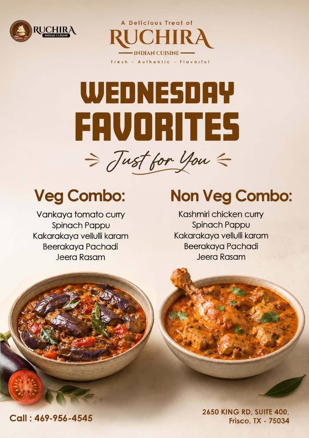 Wednesday Favorites featuring Veg Combo and Non-Veg Combo with traditional curries, spinach pappu, pachadi, and rasam.